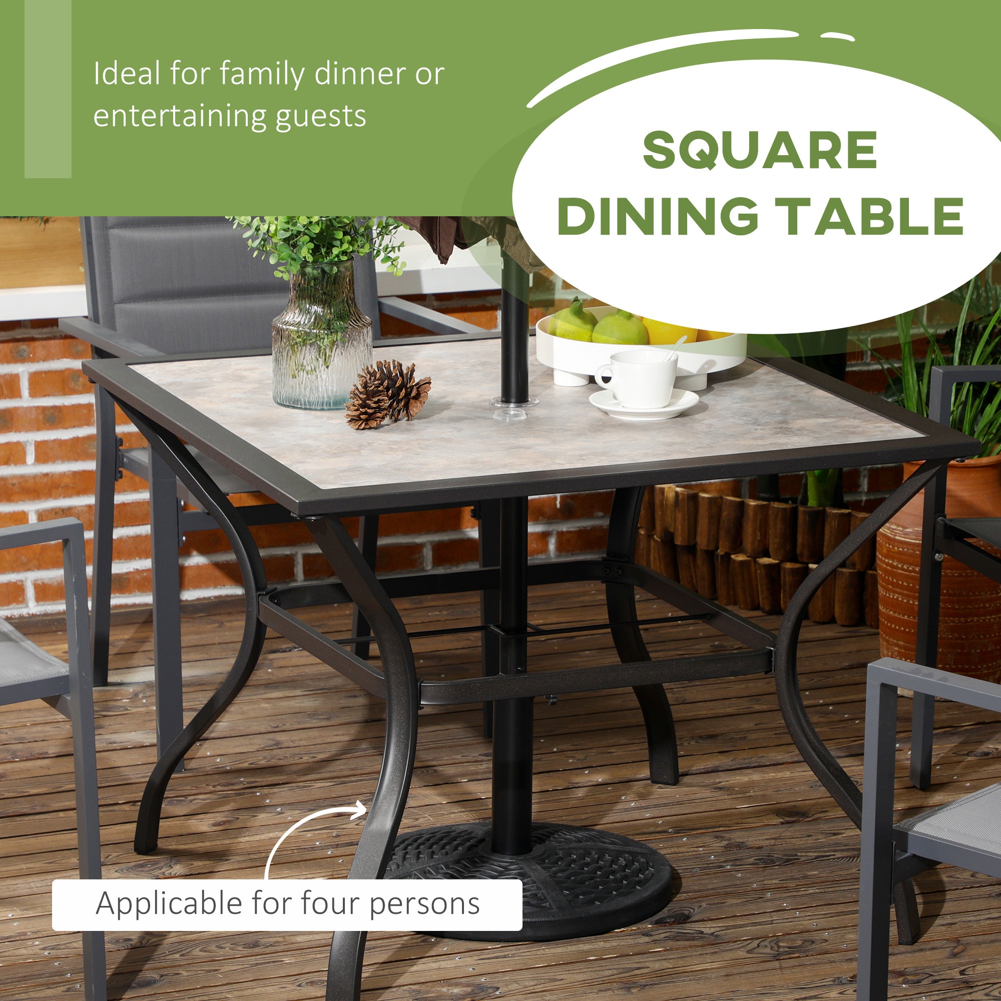 Outsunny 94 x 94 cm Garden Table with Parasol Hole, Outdoor Dining Table for 4, Square Patio Table with Stone-Grain Effect PC Board Top for Patio, Garden, Grey - North Peak Garden Furniture