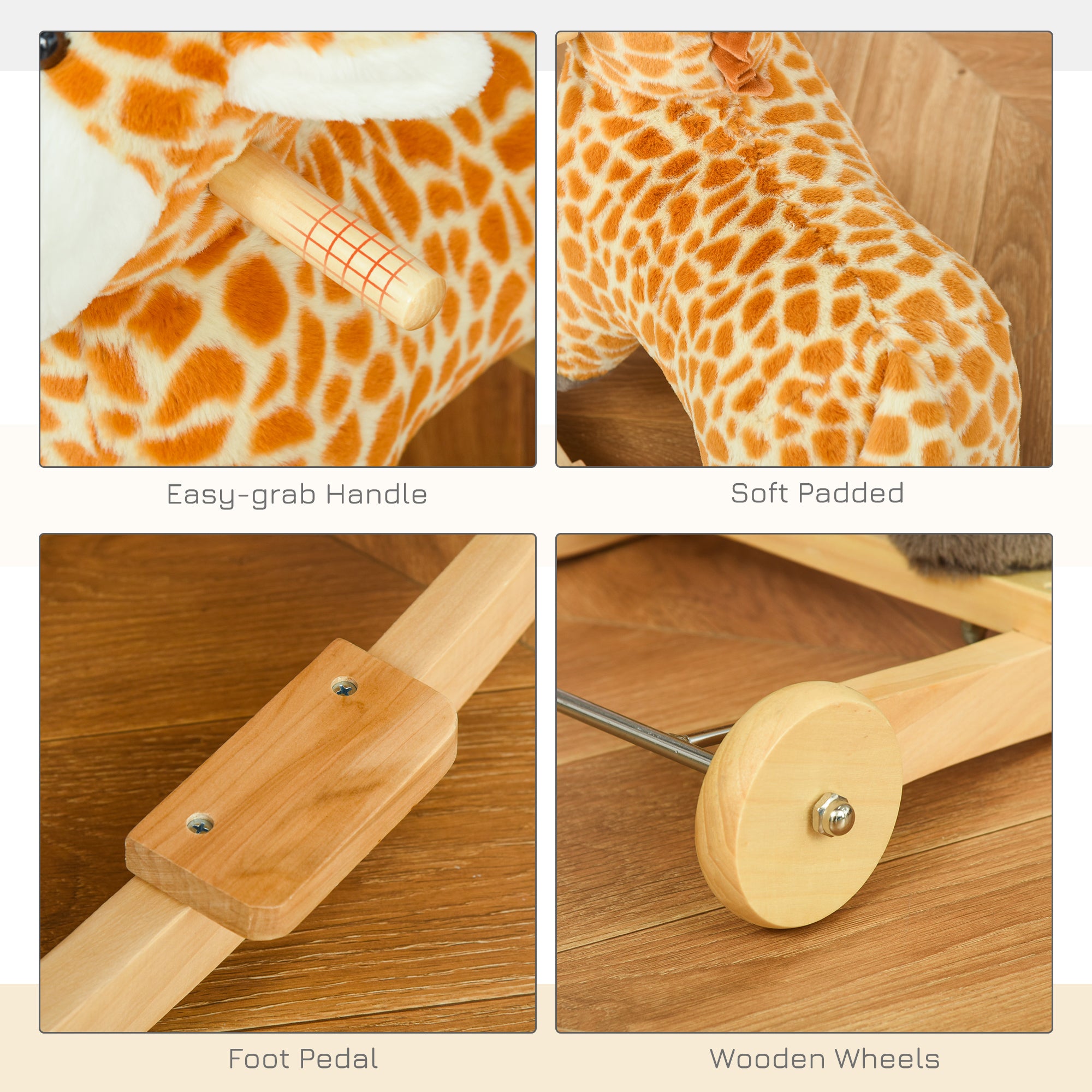 HOMCOM 2 In 1 Kids Todder Rocking Horse Plush Ride On Giraffe Rocker with Wheels Wooden Base Animal Sounds for 3-6 Years - North Peak Garden Furniture