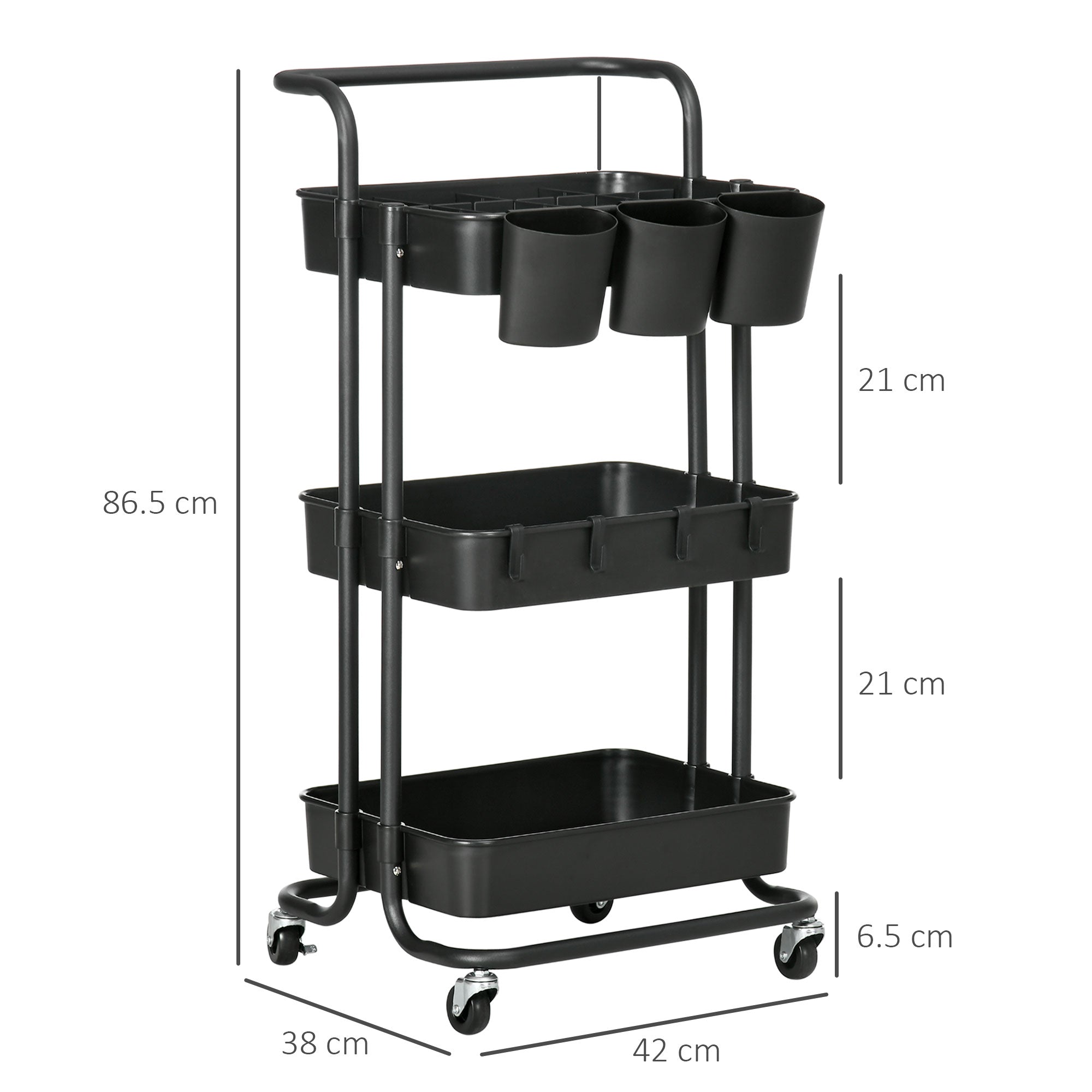 HOMCOM 3 Tier Utility Rolling Cart, Kitchen Cart with 3 Removable Mesh Baskets, 3 Hanging Box, 4 Hooks and Dividers for Living Room, Laundry, Garage, Black