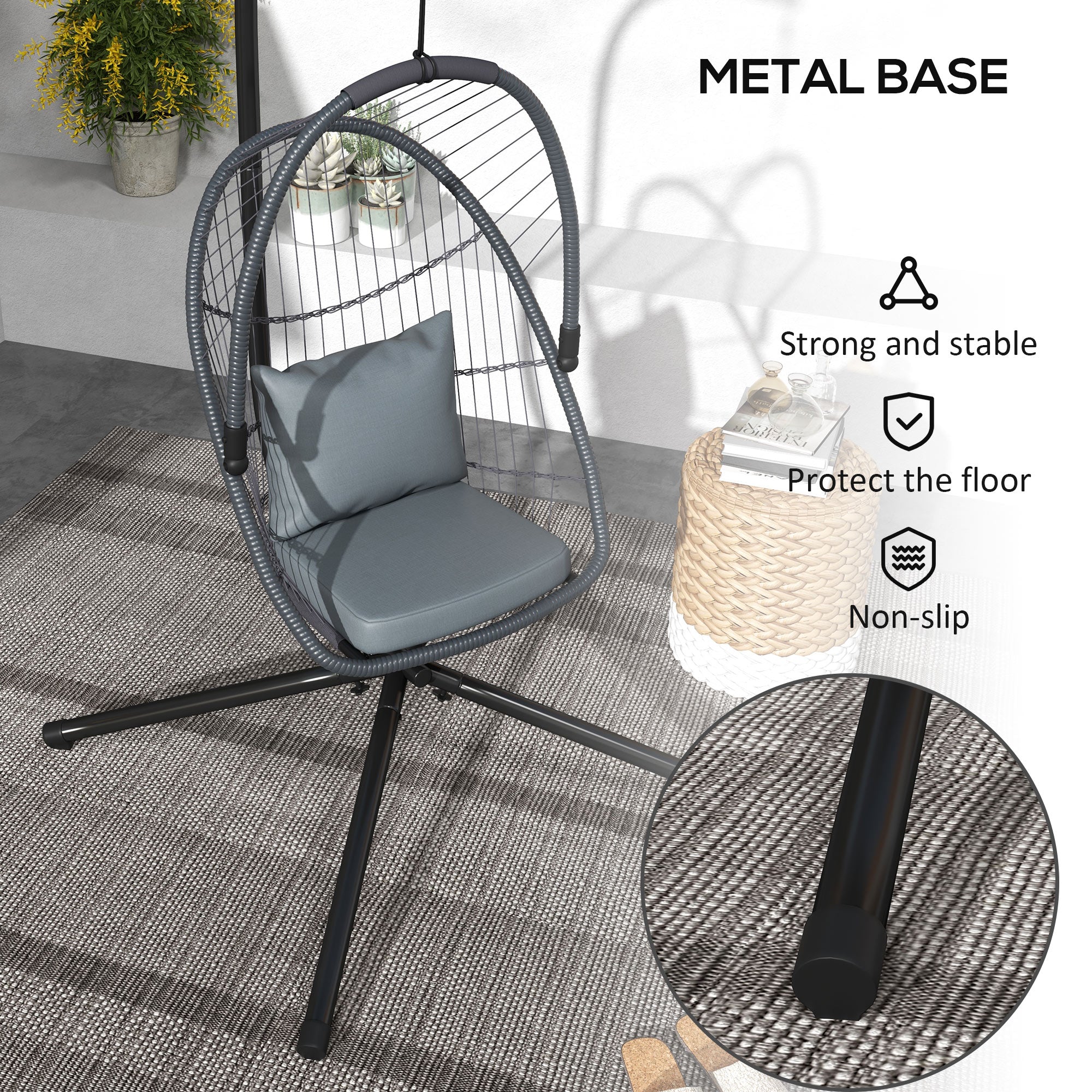 Outsunny Single Egg Chair, with Steel Frame Stand - Grey - North Peak Garden Furniture