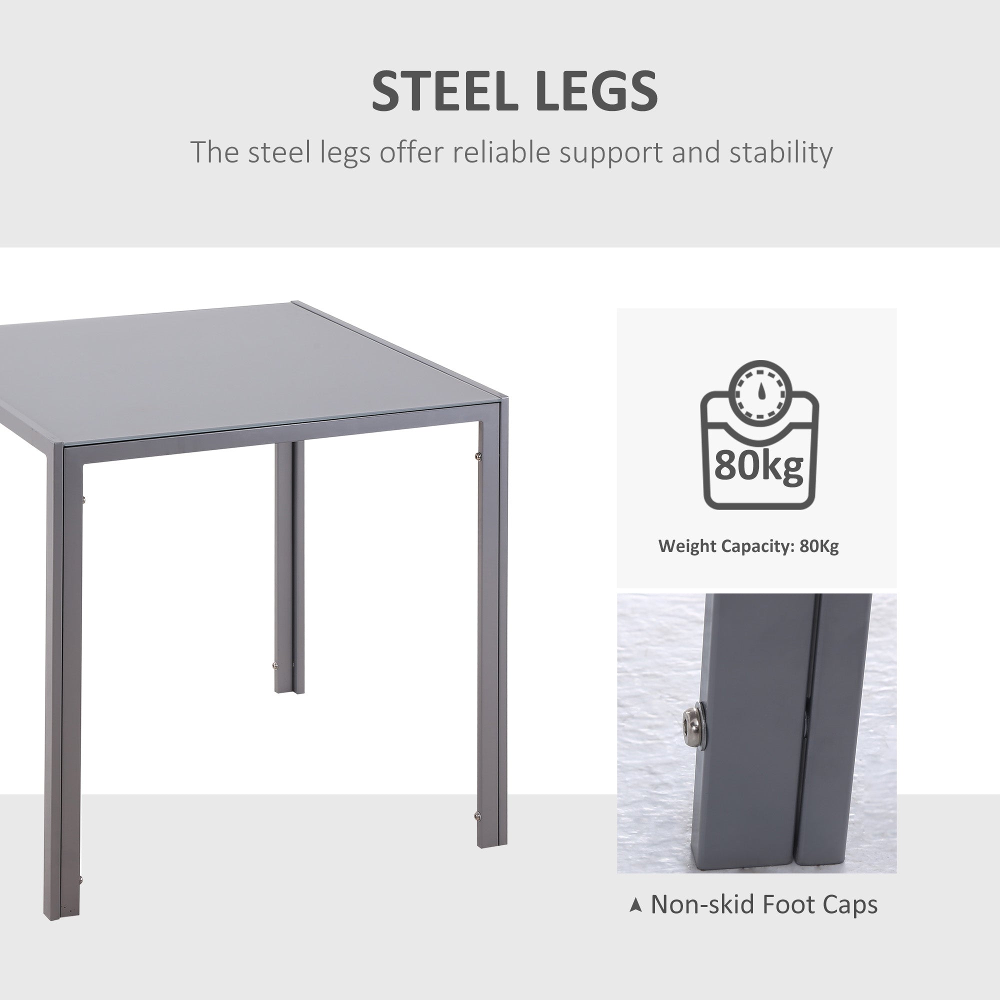 HOMCOM Modern Square Dining Table for 2-4 People, with Glass Top & Metal Legs for Dining Room, Living Room, Grey - North Peak Garden Furniture