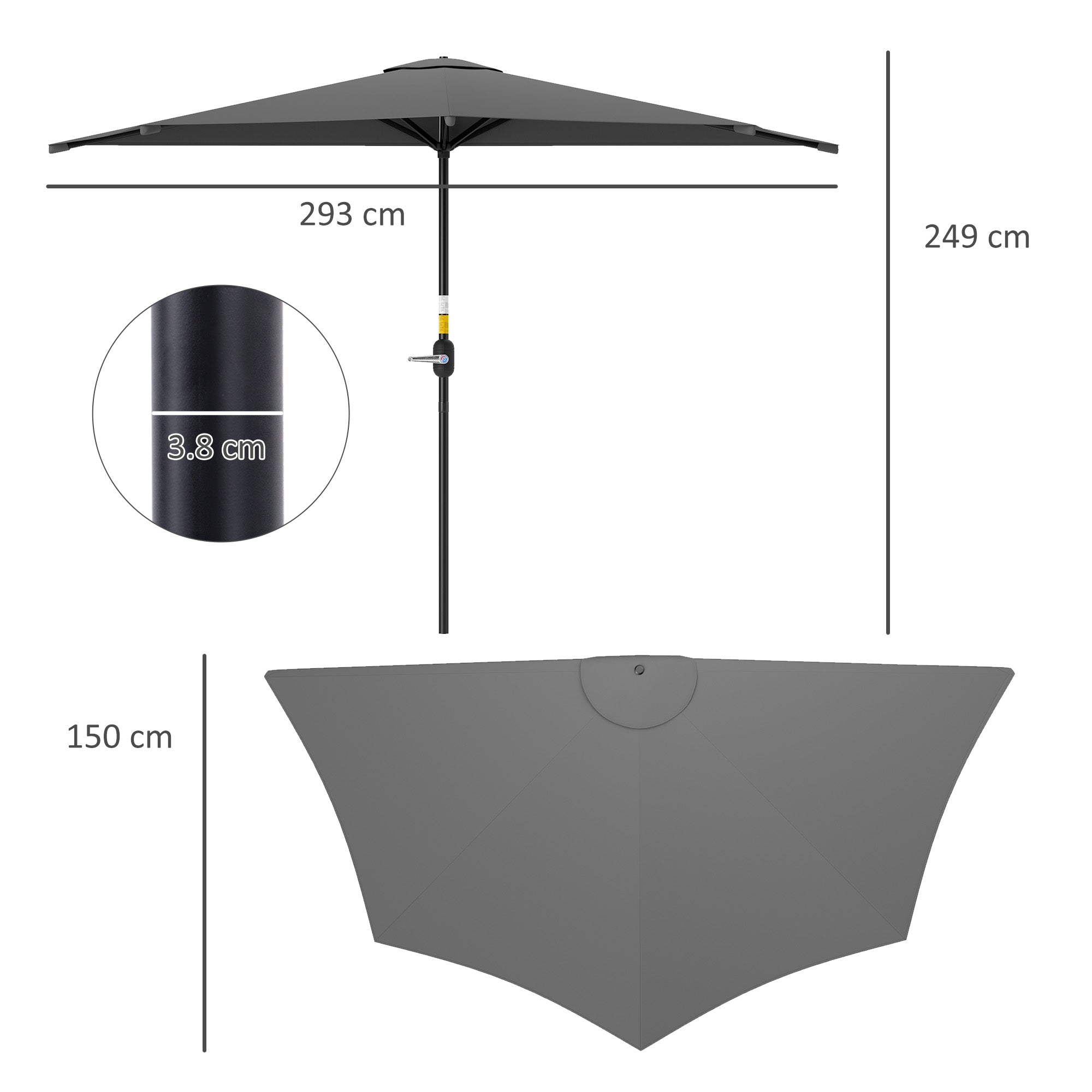 Outsunny 3(m) Half Parasol, Semi Round Umbrella with Metal Frame, Crank Handle for Balcony, Garden, Dark Grey - North Peak Garden Furniture
