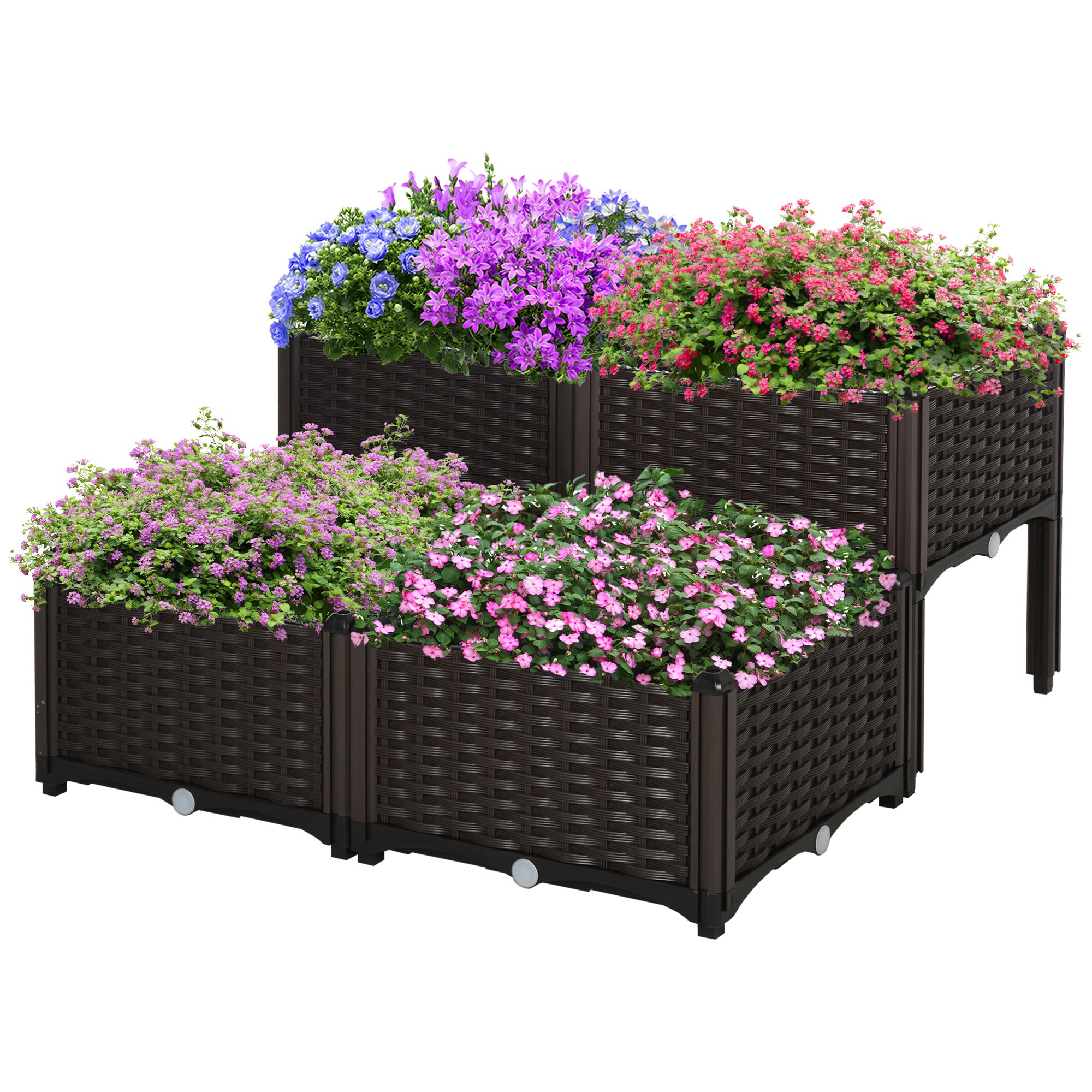 Outsunny Set of 4 26L Garden Raised Bed Elevated Patio Flower Plant Planter Box PP Vegetables Planting Container, Brown - North Peak Garden Furniture