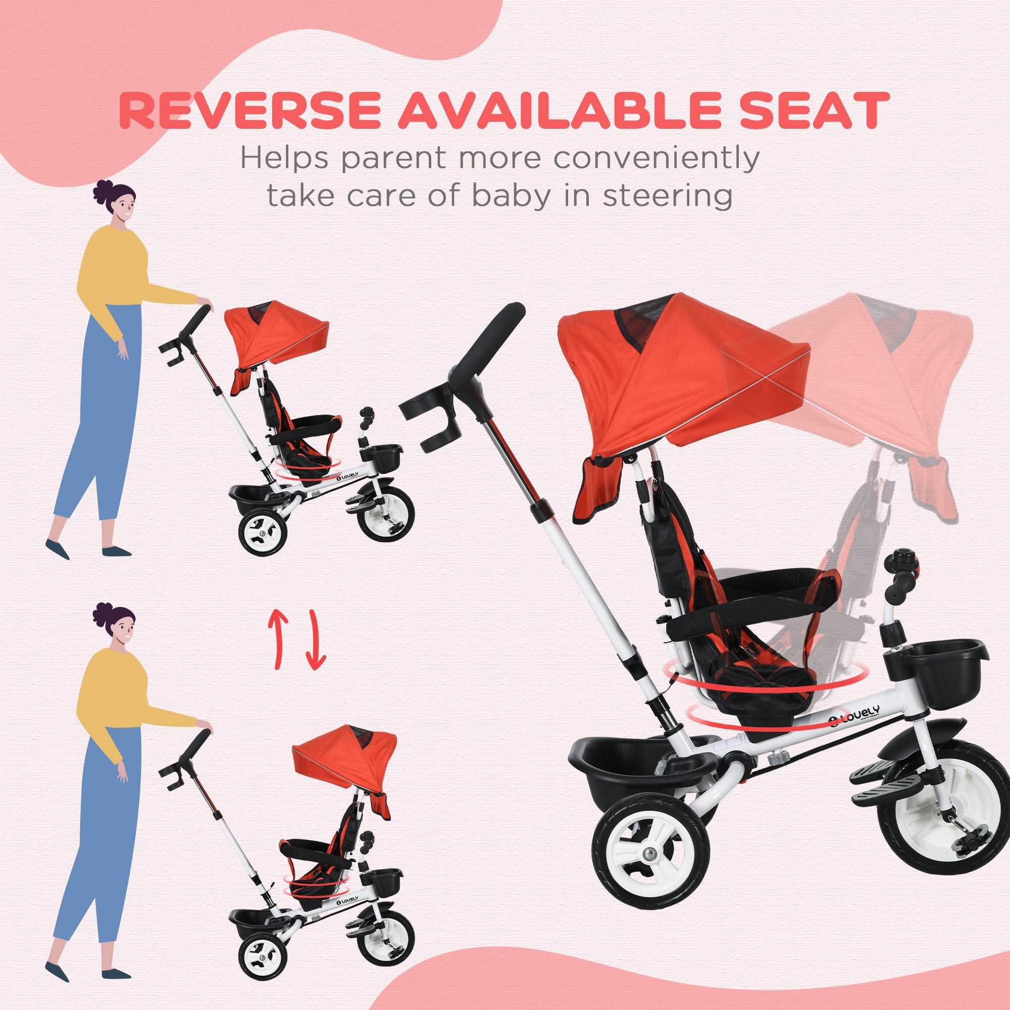 HOMCOM Metal Frame 6 in 1 Baby Push Tricycle with Parent Handle for 1-5 Years Old, Red - North Peak Garden Furniture