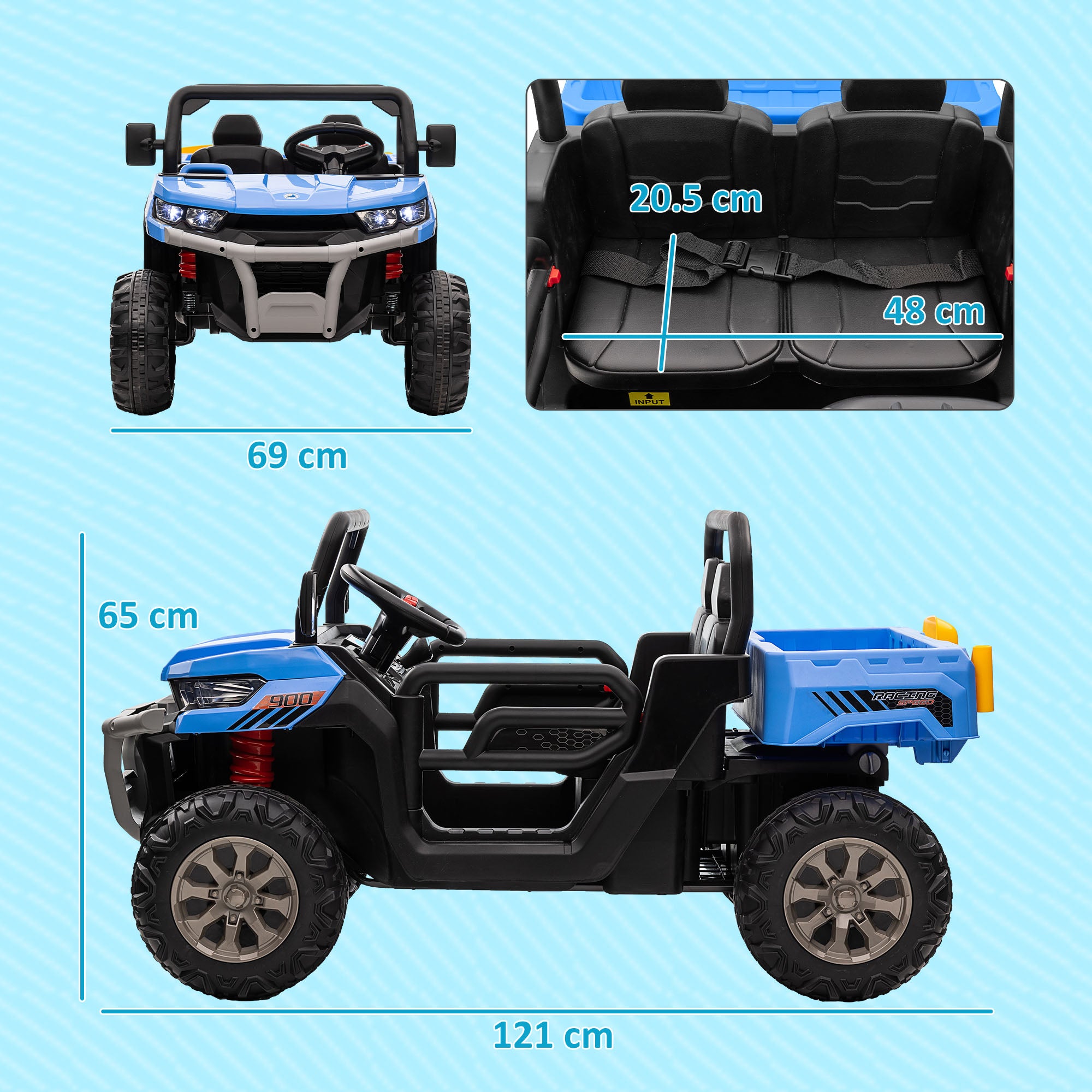 HOMCOM 12V 2 Seater Kids Electric Ride-On Car with Electric Bucket, Remote Control - Blue - North Peak Garden Furniture