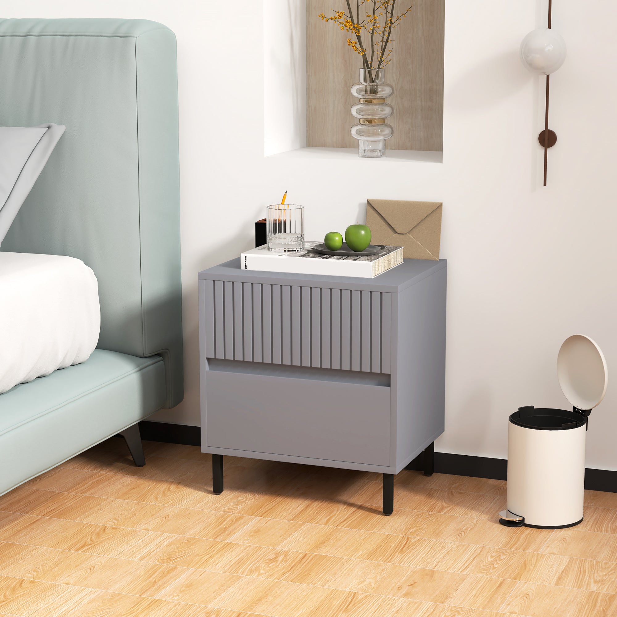 HOMCOM Simple Line Indented Two-Drawer Bedside Table - Grey - North Peak Garden Furniture