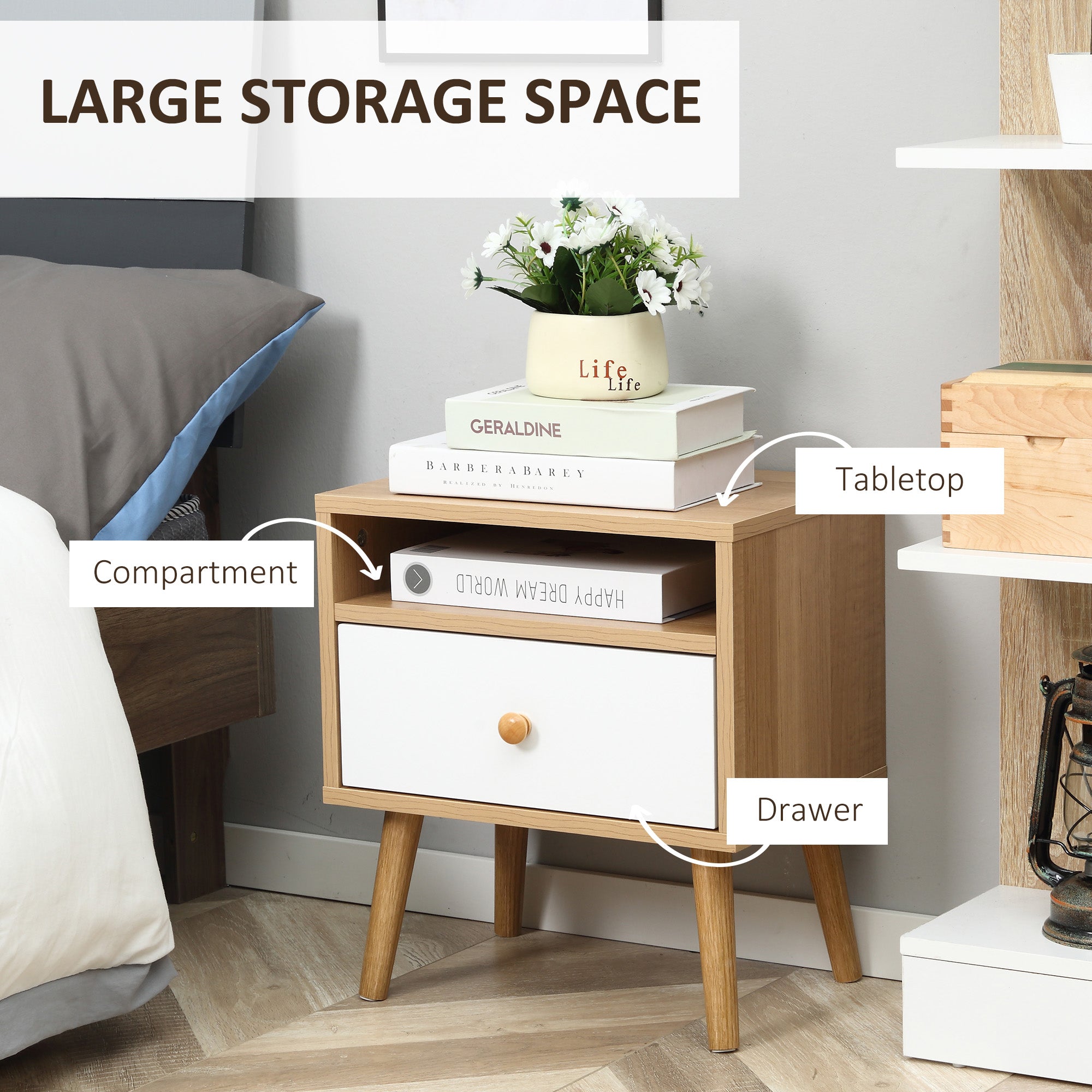 HOMCOM Bedside Table, Bedside Cabinet with Drawer and Shelf, Modern Nightstand, End Table for Living Room, Bedroom, Set of 2, Natural - North Peak Garden Furniture