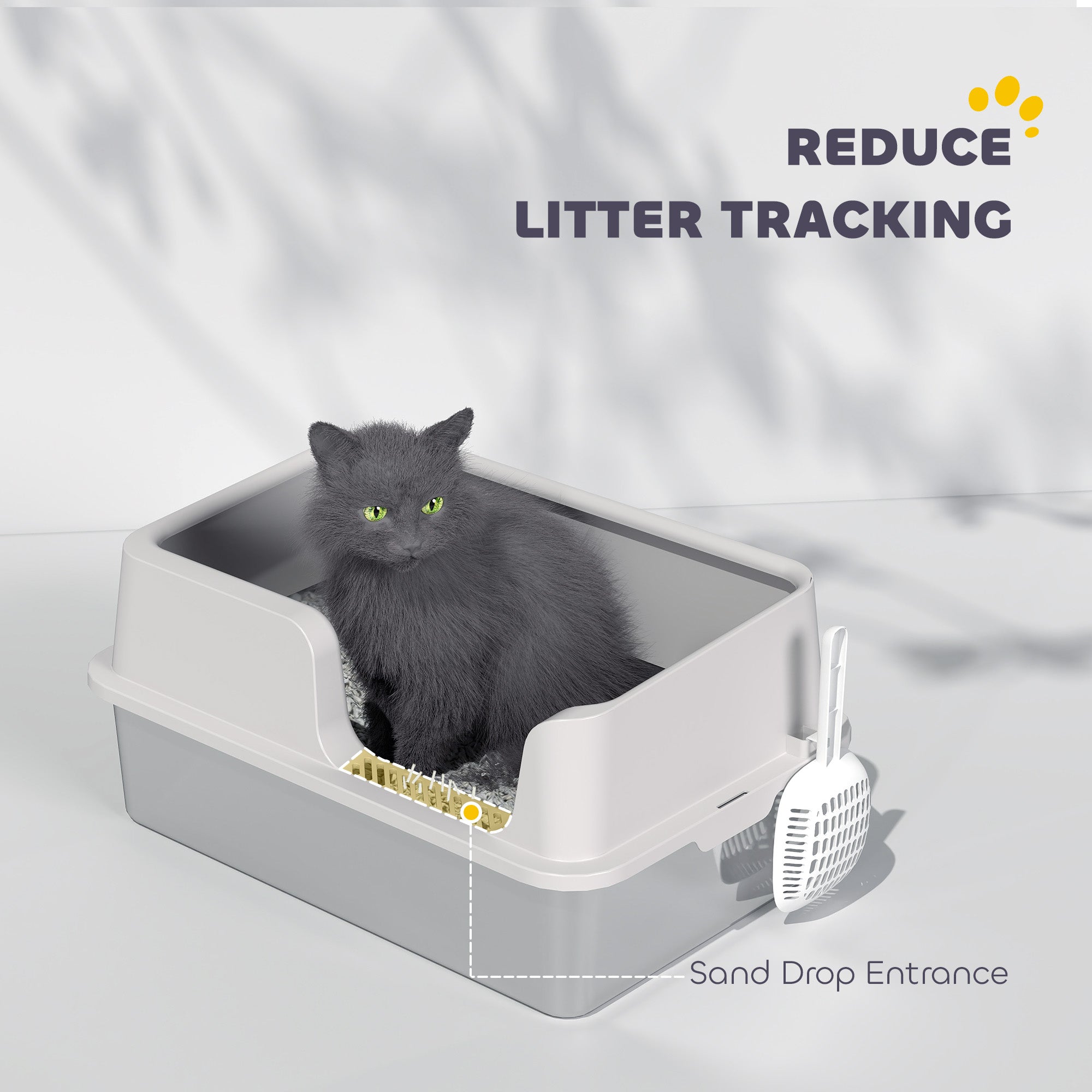 PawHut Stainless Steel Litter Box with Detachable Rim, Scoop, Easy Cleaning, Odour-Resistant, 60 x 40 x 28 cm - North Peak Garden Furniture