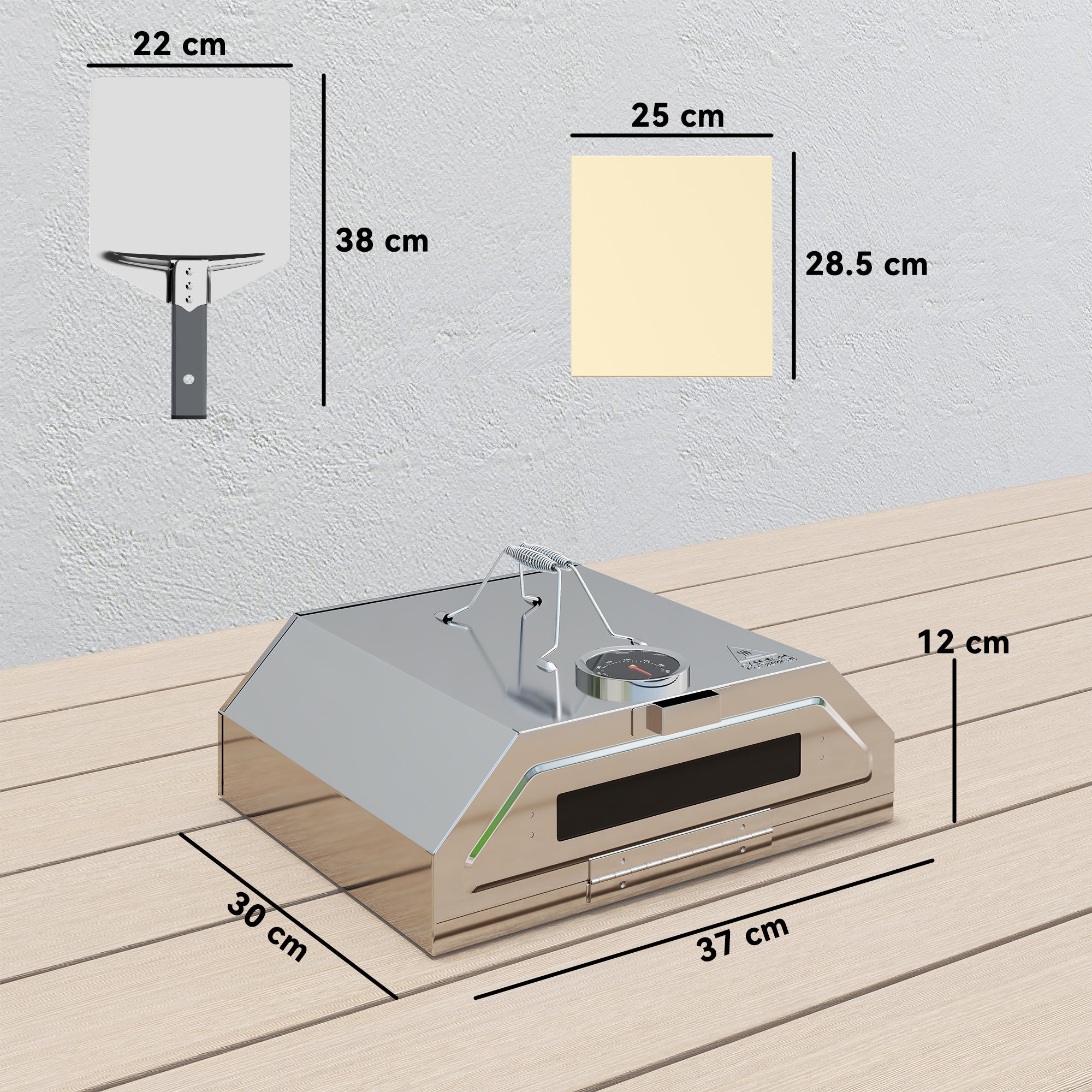 Outsunny 8 in Portable Stainless Steel BBQ Grill Top Pizza Oven with Built-in Thermometer and Viewing Window for Gas and Charcoal BBQ Grills, Includes Carry Handles, Pizza Stone and Peel, Silver Tone - North Peak Garden Furniture