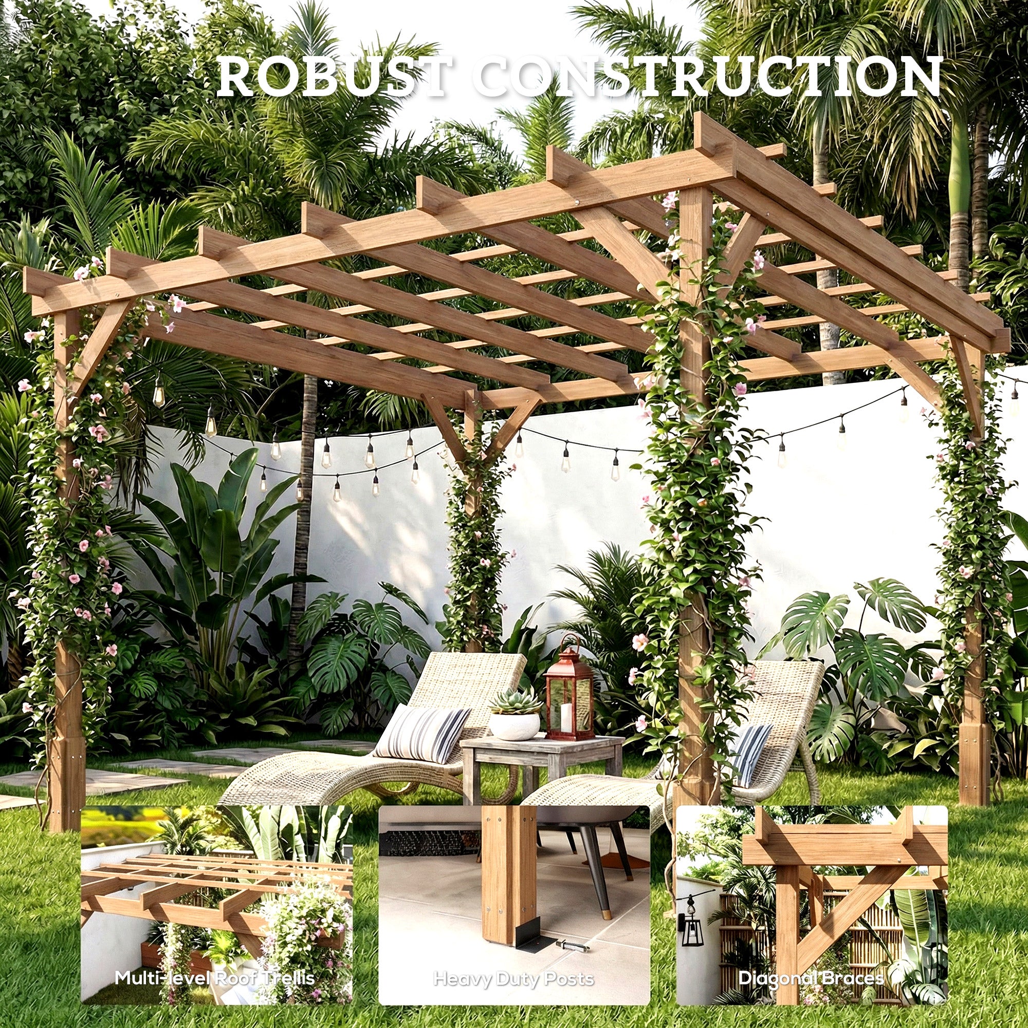 Outsunny 3 x 3 m Wooden Pergola Kit, Decorative Garden Gazebo Shelter with Stable Structure for Climbing Vines, Dark Brown