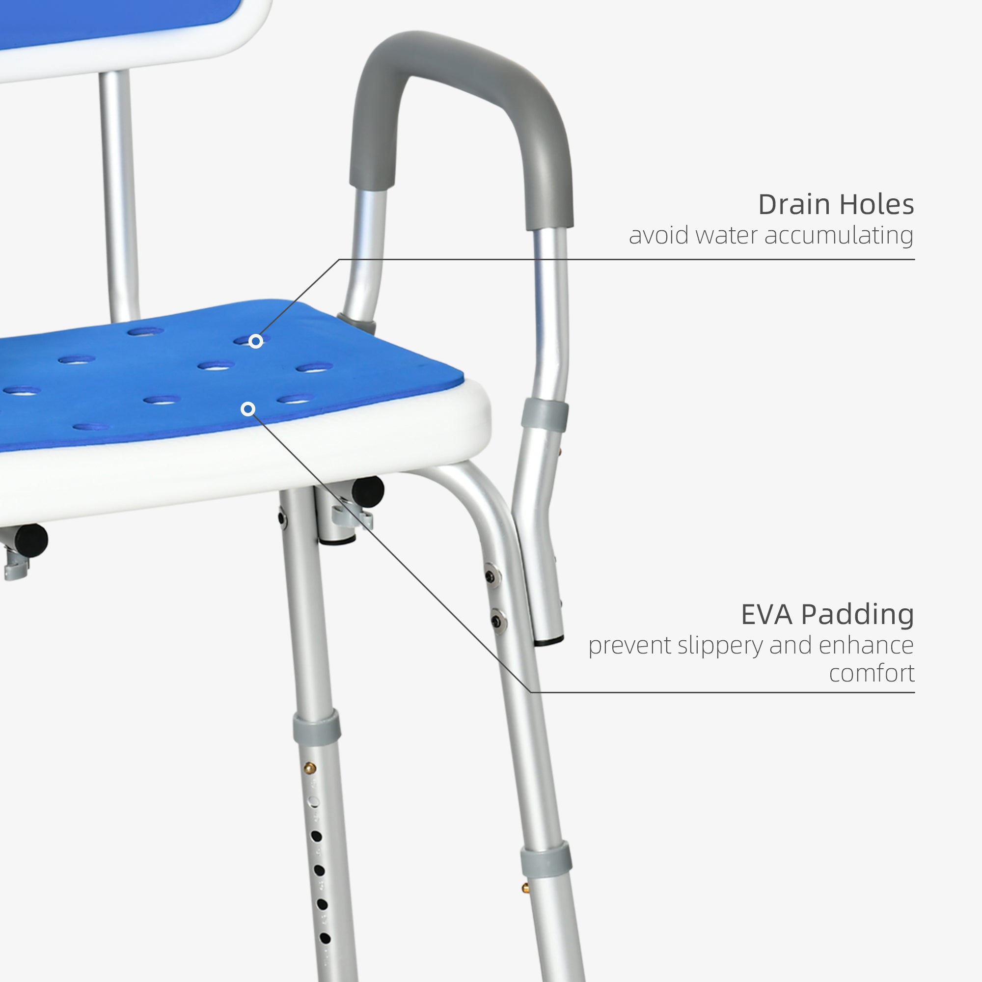 HOMCOM EVA Padded Shower Chair for the Elderly and Disabled, Height Adjustable Shower Stool with Back and Arms, 4 Suction Foot Pads, Blue - North Peak Garden Furniture