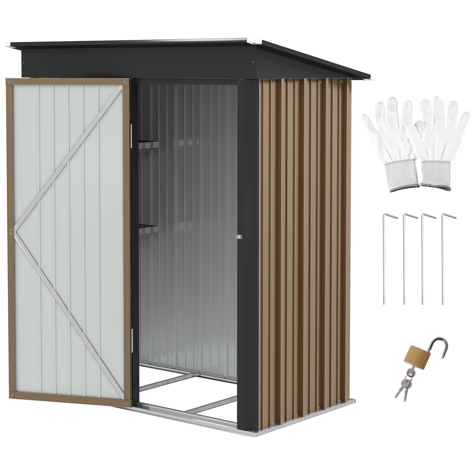 Outsunny Metal Garden Shed, Outdoor Lean-to Shed for Tool Motor Bike, with Adjustable Shelf, Lock, Gloves, 5'x3'x6', Brown - North Peak Garden Furniture