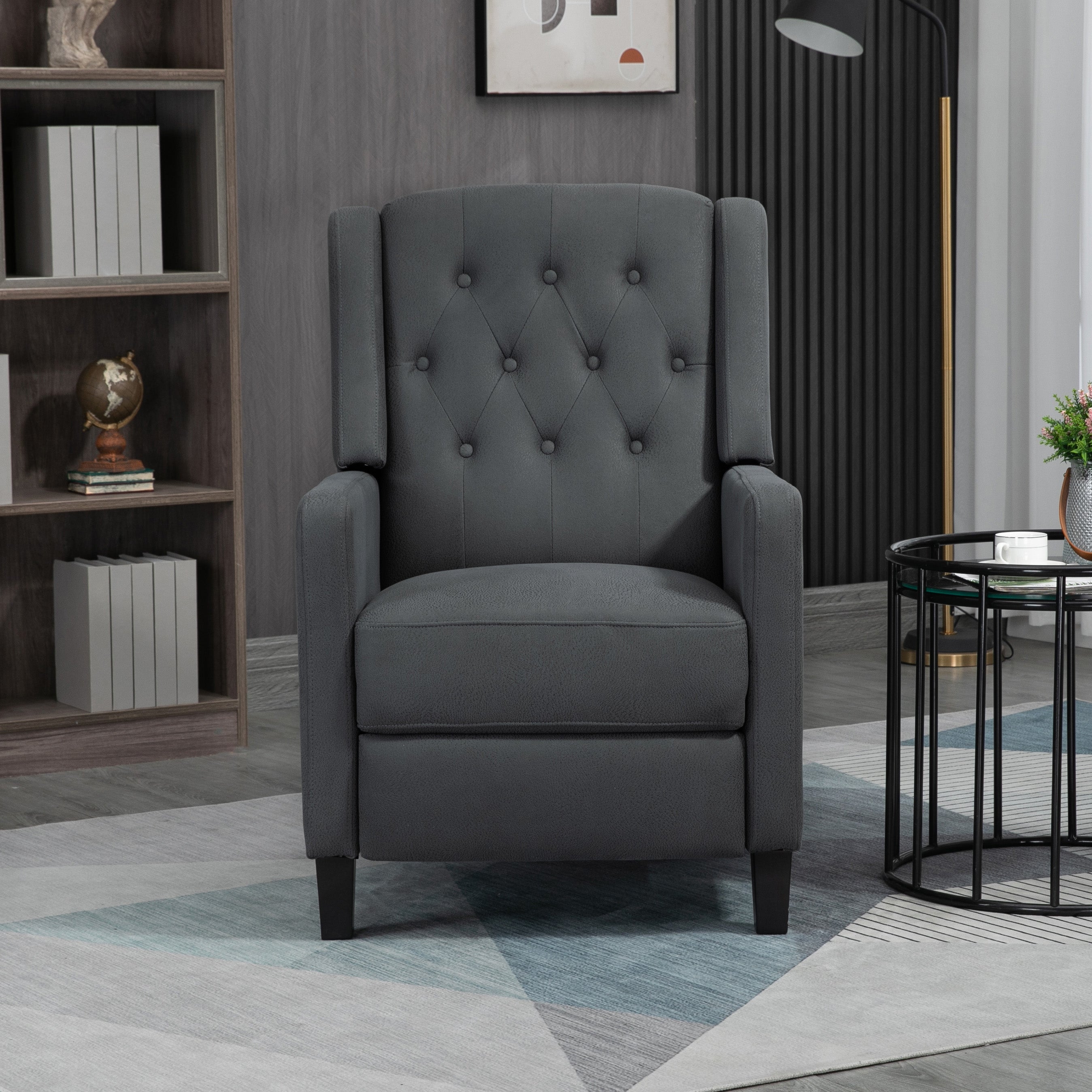 HOMCOM Wingback Recliner Chair for Home Theater, Button Tufted Microfibre Cloth Reclining Armchair with Leg Rest, Deep Grey - North Peak Garden Furniture