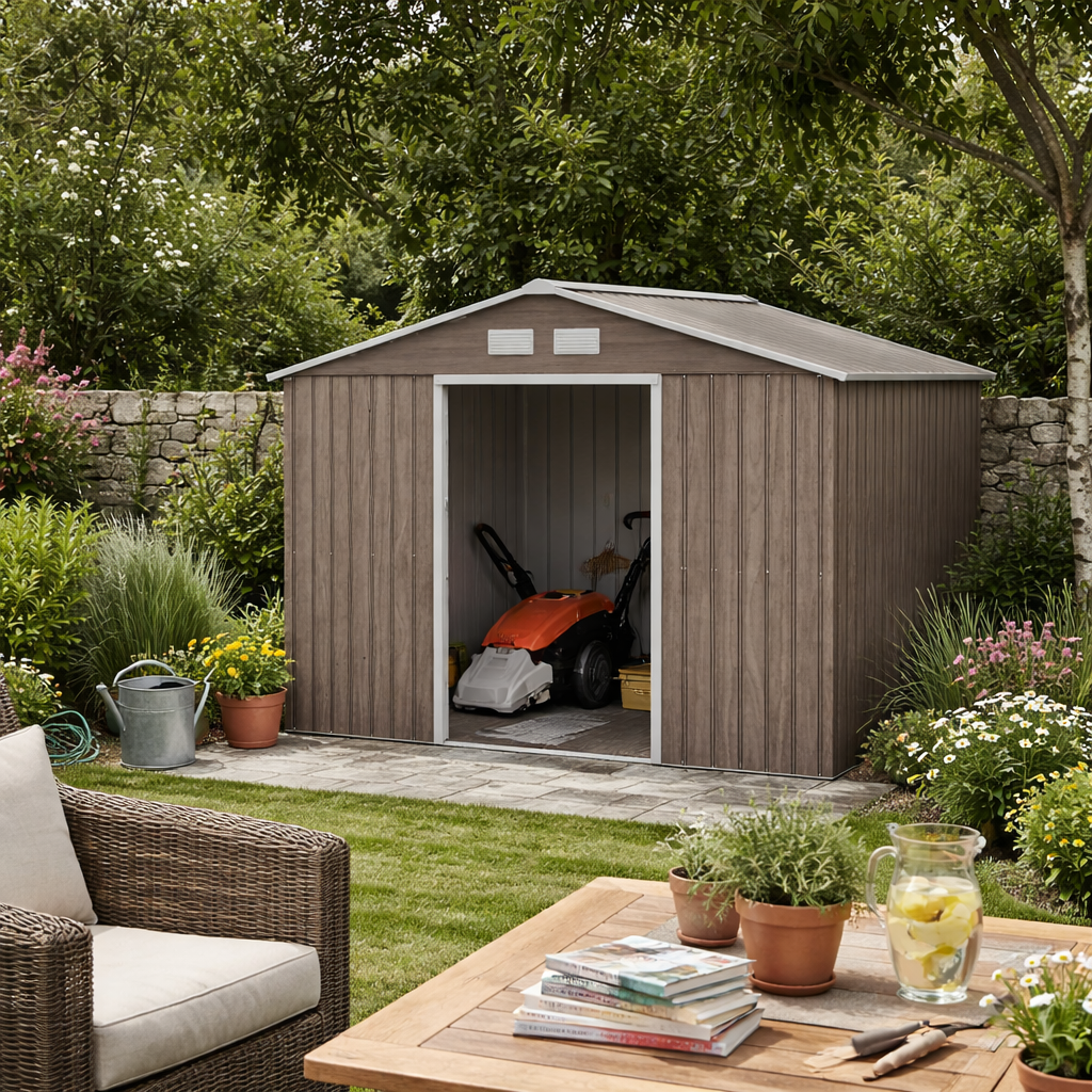Outsunny 9 x 6ft Garden Metal Storage Shed, Outdoor Storage Tool House with Vents, Foundation and Lockable Double Doors, Brown