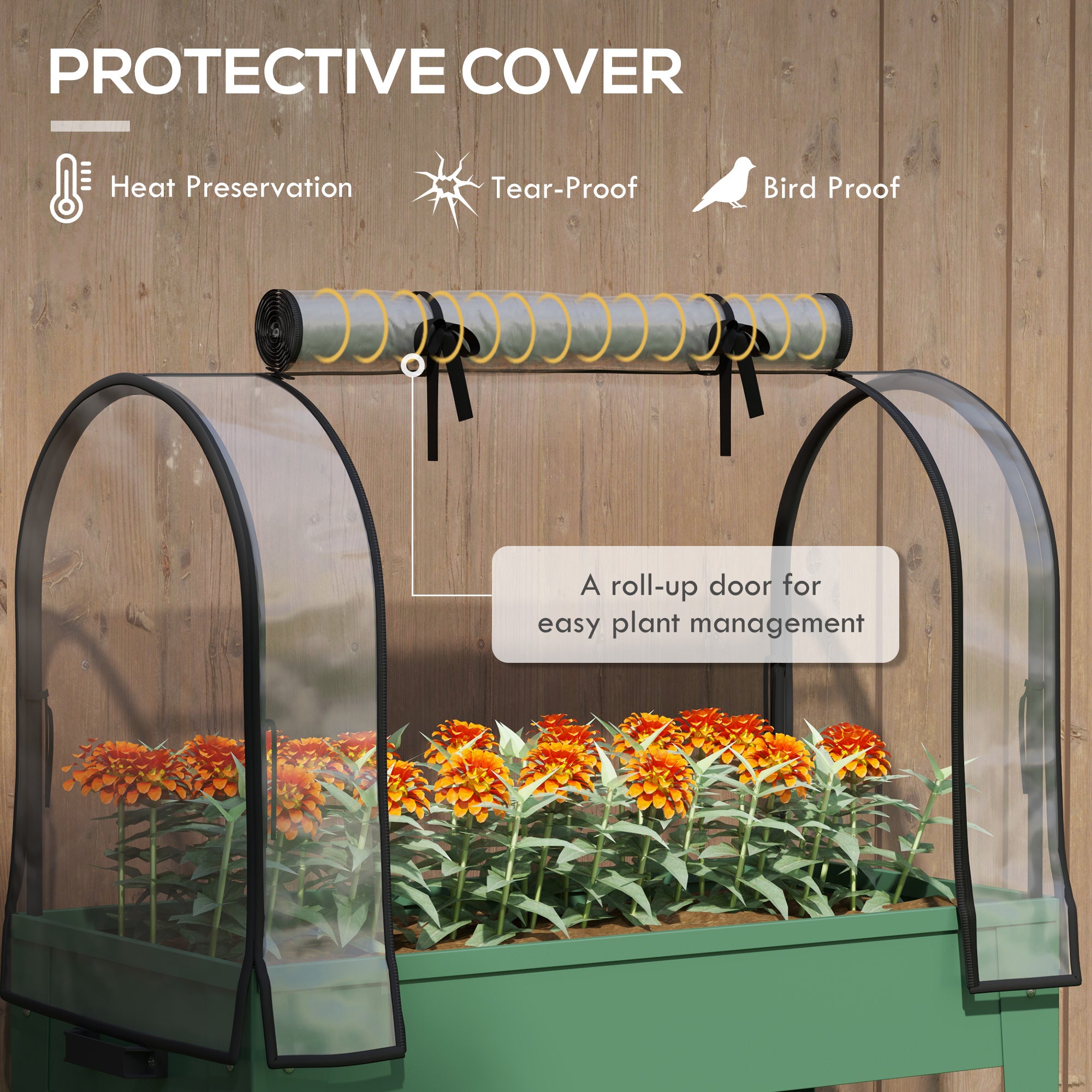 Outsunny Raised Planter with Greenhouse Cover, Mobile Elevated Garden Bed with Wheels and Bottom Shelf for Vegetables, Green - North Peak Garden Furniture