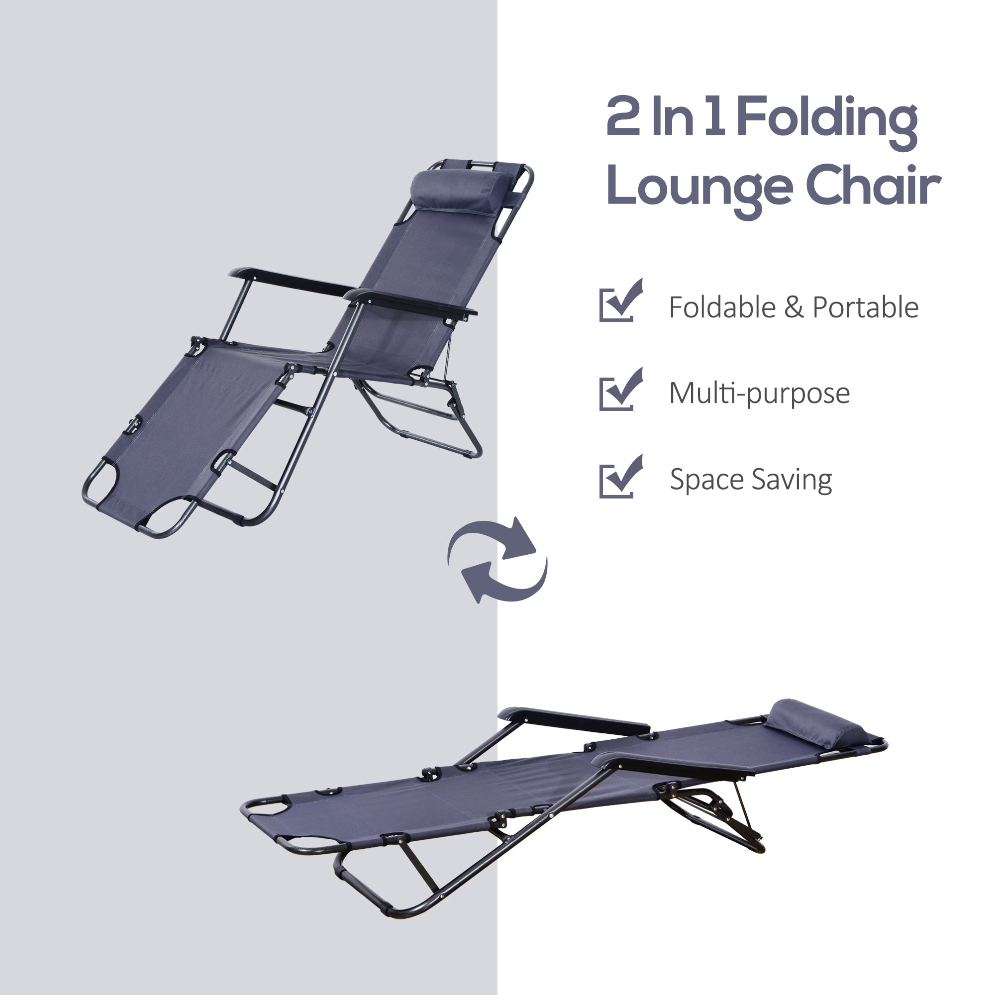 Outsunny 2 Pieces 2 in 1 Sun Lounger Folding Reclining Chair Garden Outdoor Camping Adjustable Back with Pillow, Grey - North Peak Garden Furniture