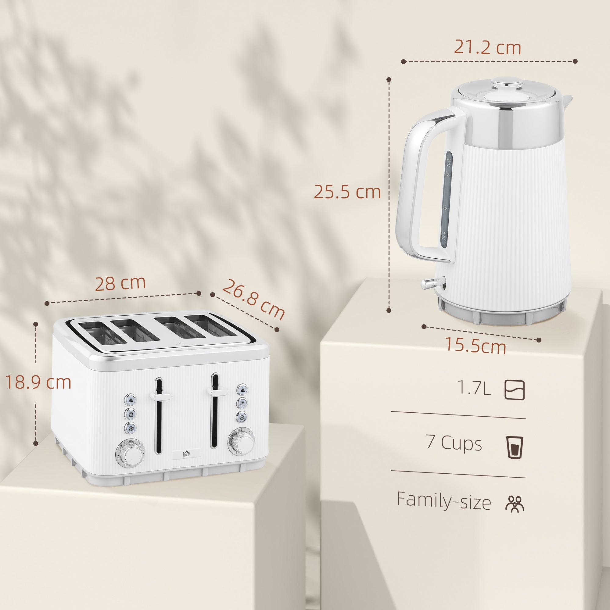 HOMCOM Electric Kettle and Toaster Set, 3000W 1.7L UK Strix Thermostat Rapid Boil Jug Kettle with Limescale Filter, Cool Touch Body, 4 Slice Toaster with 7 Browning Controls, Crumb Tray, White