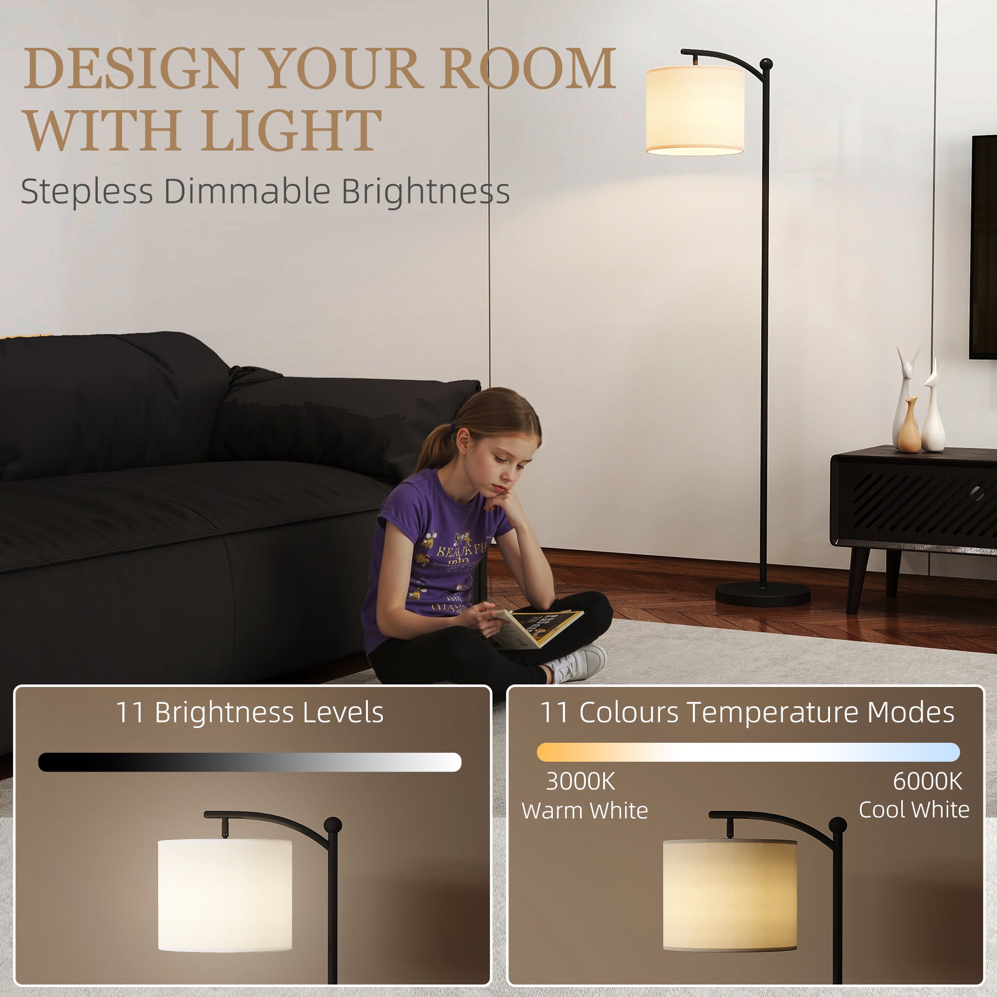HOMCOM LED Floor Lamp, Stepless Dimmable Reading Standing Lamp with Magnetic Remote Control and 11 Colours Temperature & 11 Brightness Levels, 60 Min Timer for Living Room, Bedroom, Office, Black - North Peak Garden Furniture