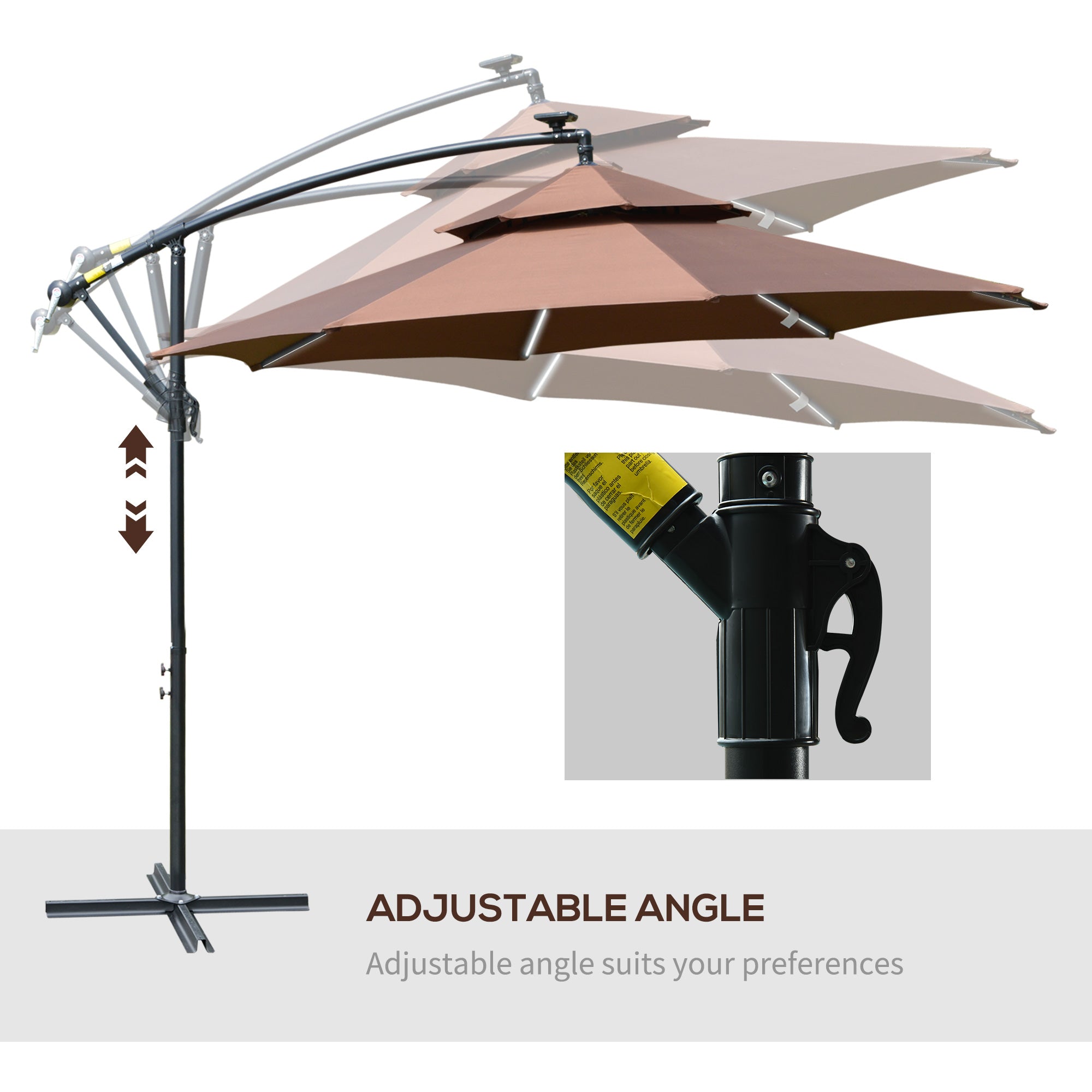 Outsunny 3(m) Cantilever Banana Parasol Hanging Umbrella with Double Roof, LED Solar lights, Crank, 8 Sturdy Ribs and Cross Base for Outdoor, Garden, Patio, Coffee - North Peak Garden Furniture