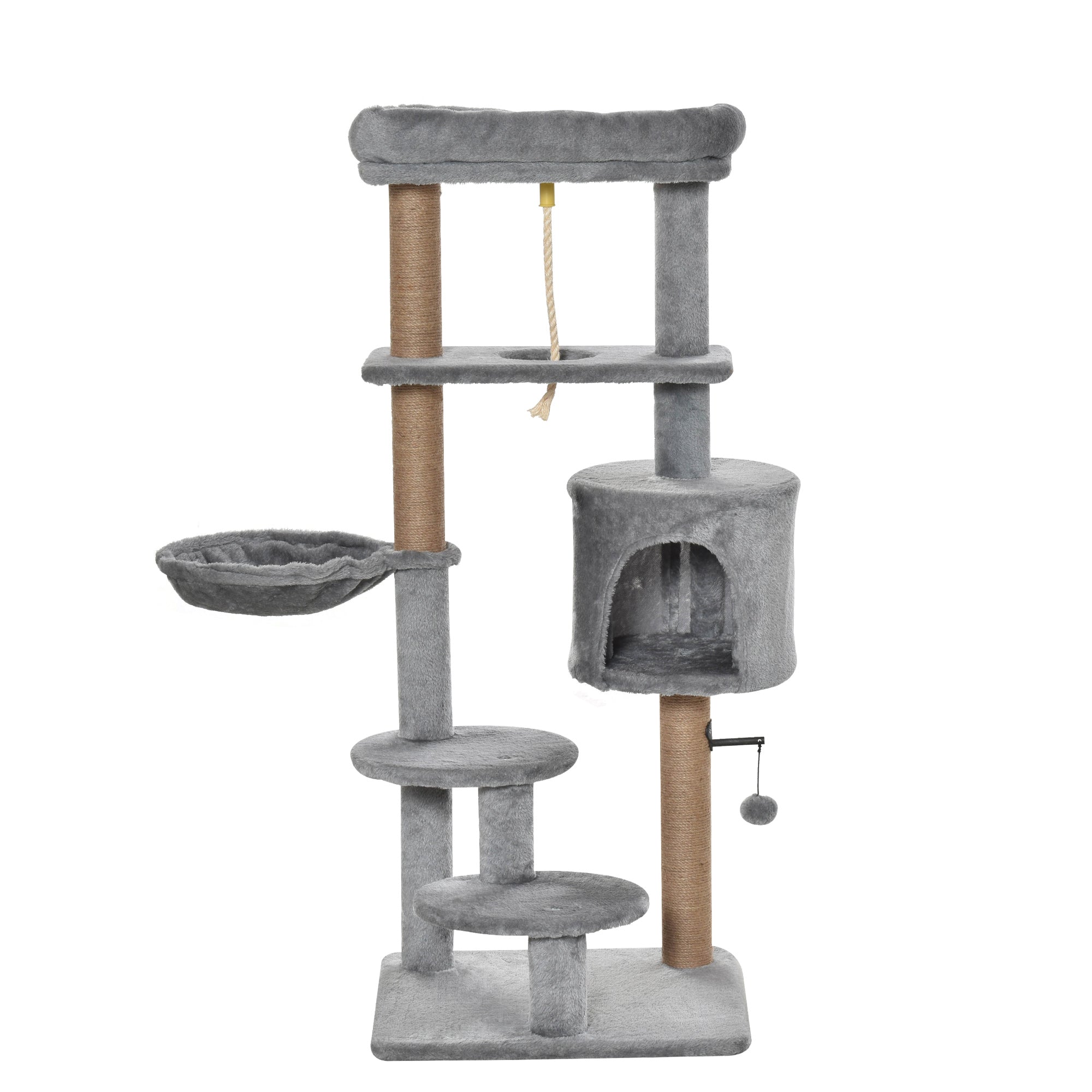 PawHut Cat Tree Tower for Indoor Cats 120cm Climbing Kitten Activity Center with Jute Scratching Post Perch Hanging Ball Hammock Teasing Rope Condo Toy Light Grey - North Peak Garden Furniture