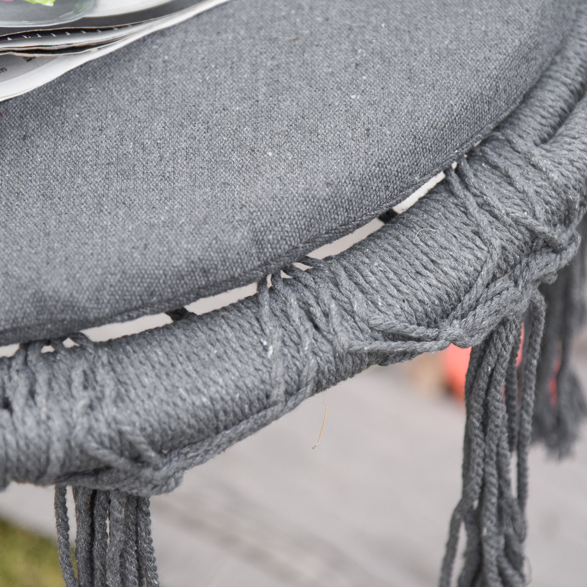 Outsunny Outdoor Cotton-Polyester Blend Macrame Hanging Rope Chair with Cushion, Portable Garden Chair with Fringe Tassels for Patio, Deck, Tree, Grey - North Peak Garden Furniture