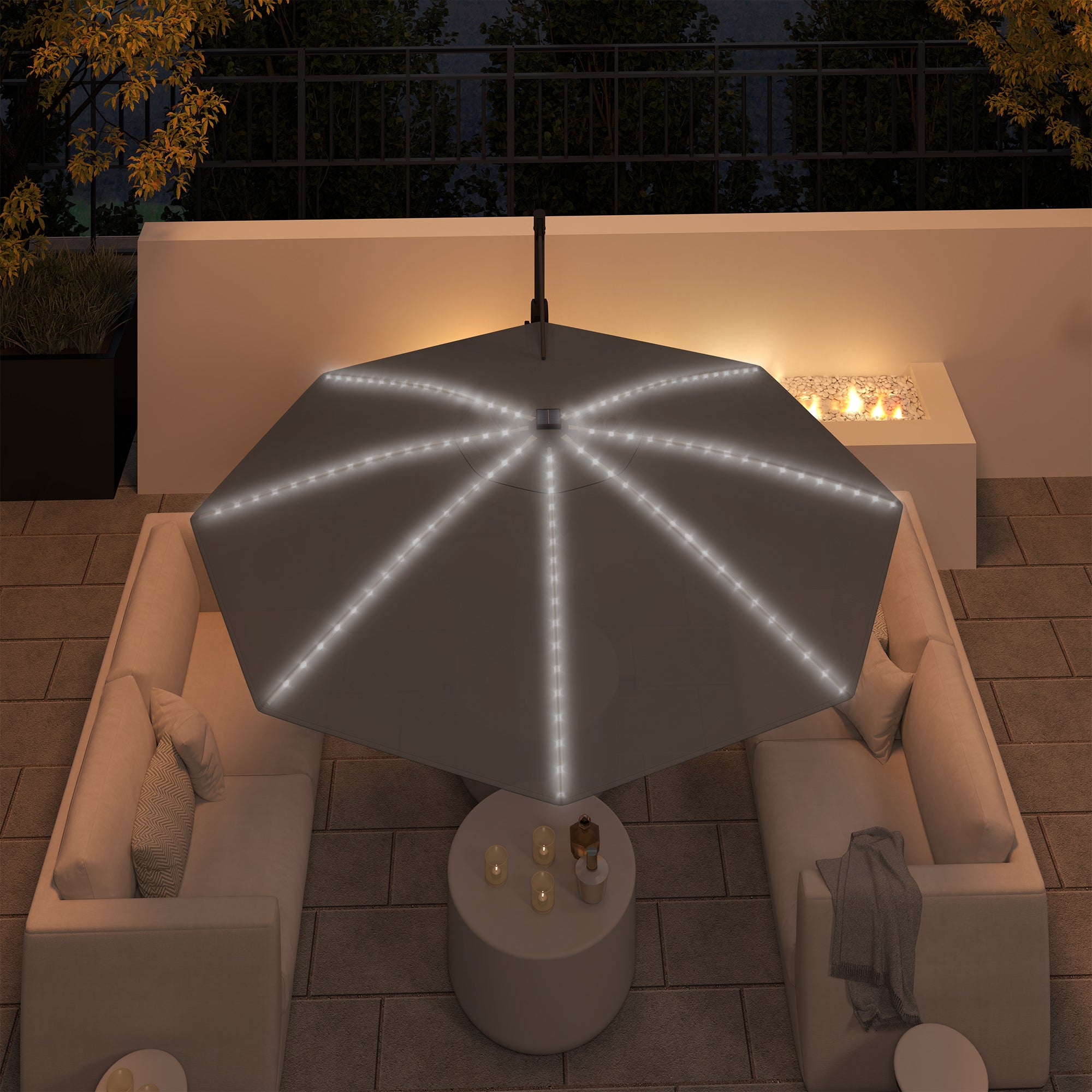 Outsunny 3(m) Cantilever Garden Parasol with Solar Powered Lights, Crank Handle & Cross Base, UPF 50+, 360° Rotation, Dark Grey - North Peak Garden Furniture