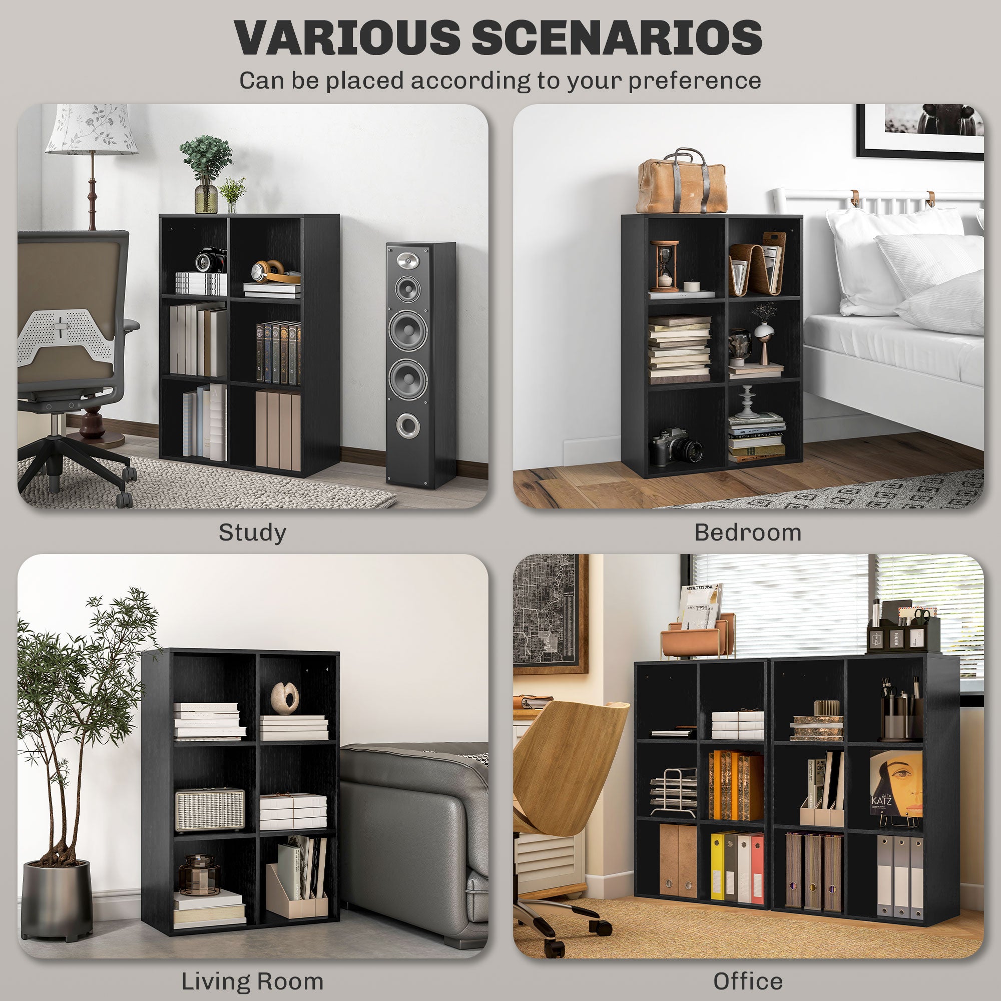 HOMCOM Six-Cube Bookcase - Black Wood Effect - North Peak Garden Furniture