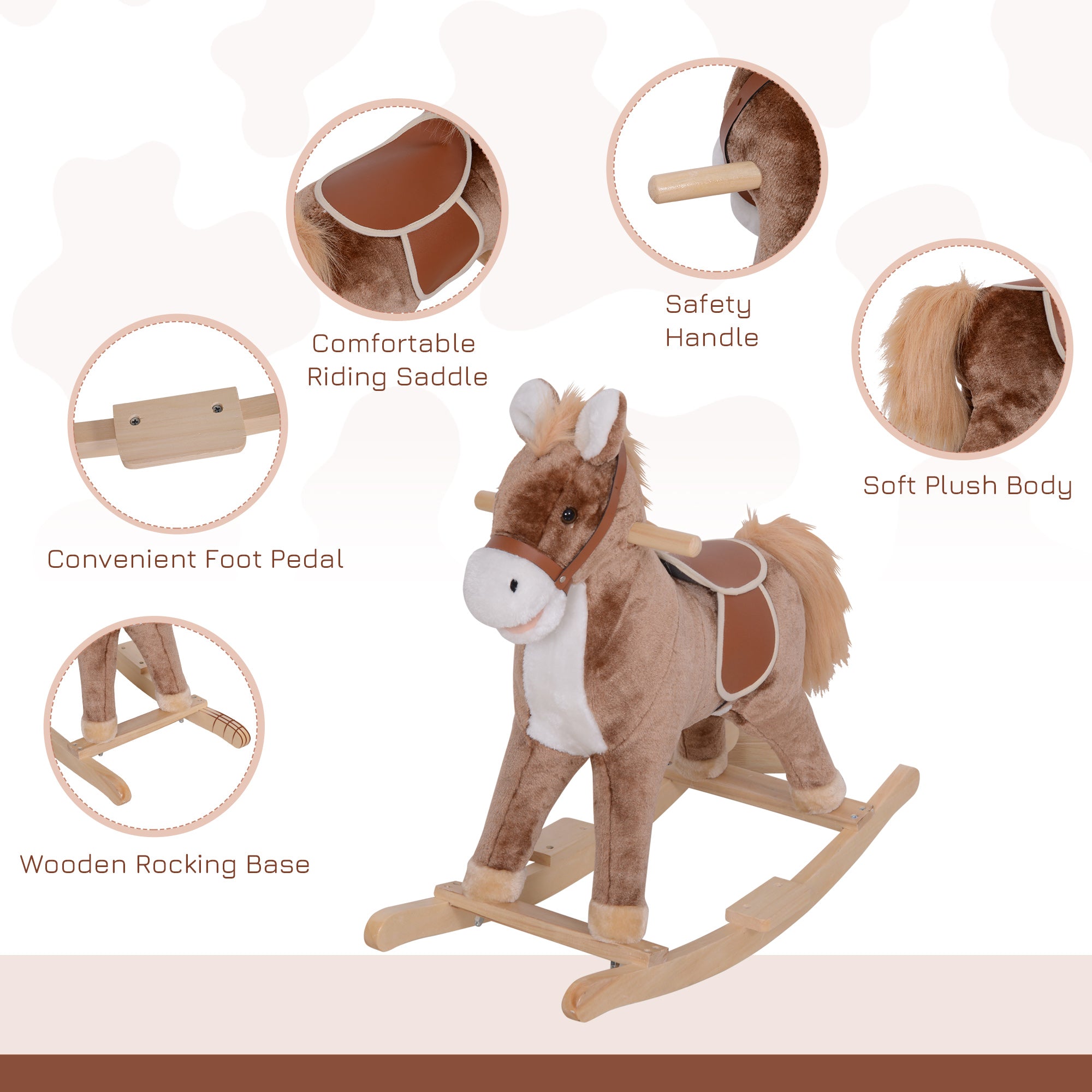 HOMCOM Kids Children Plush Rocking Horse Wooden Base Ride On Toy Rocker with Handle Grip Traditional Toy Fun Gift for Age 3+ (Brown & White) - North Peak Garden Furniture