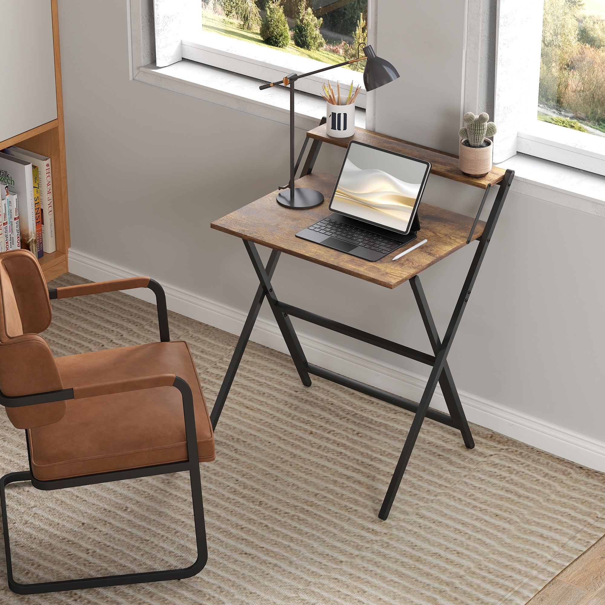 HOMCOM 70 cm Folding Computer Desk with Monitor Shelf - Rustic Brown - North Peak Garden Furniture