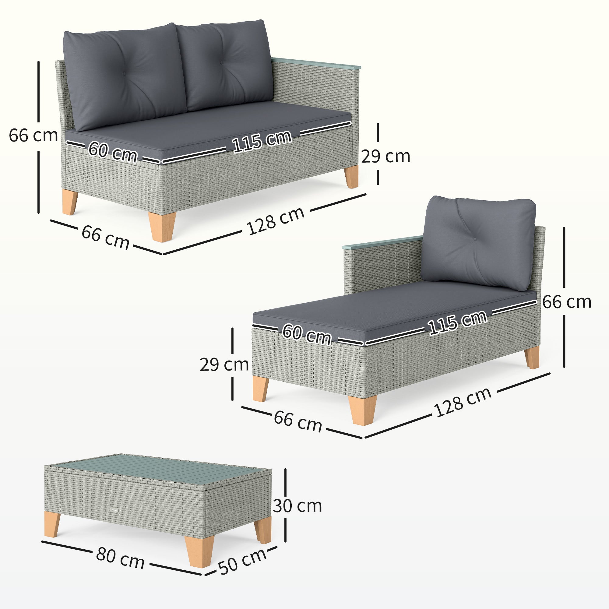 Outsunny 3 Pieces Rattan Garden Furniture Set, L Shaped Garden Conversation Chaise Lounge Furniture with Wood Top Coffee Table and Thick Cushions, Charcoal Grey - North Peak Garden Furniture