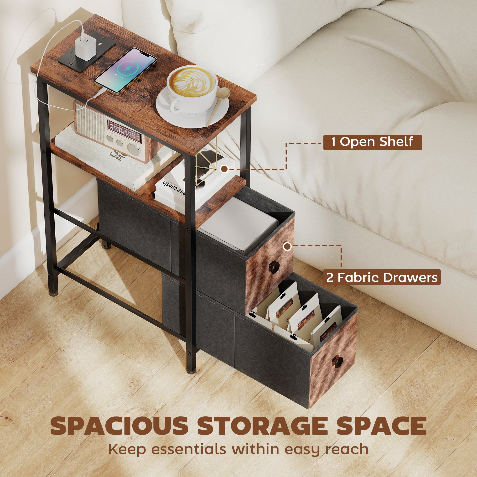 HOMCOM Side Table, Narrow Bedside Table with Charging Station, 2 Drawers, AC Outlet and 2 USB Ports for Living Room, Bedroom