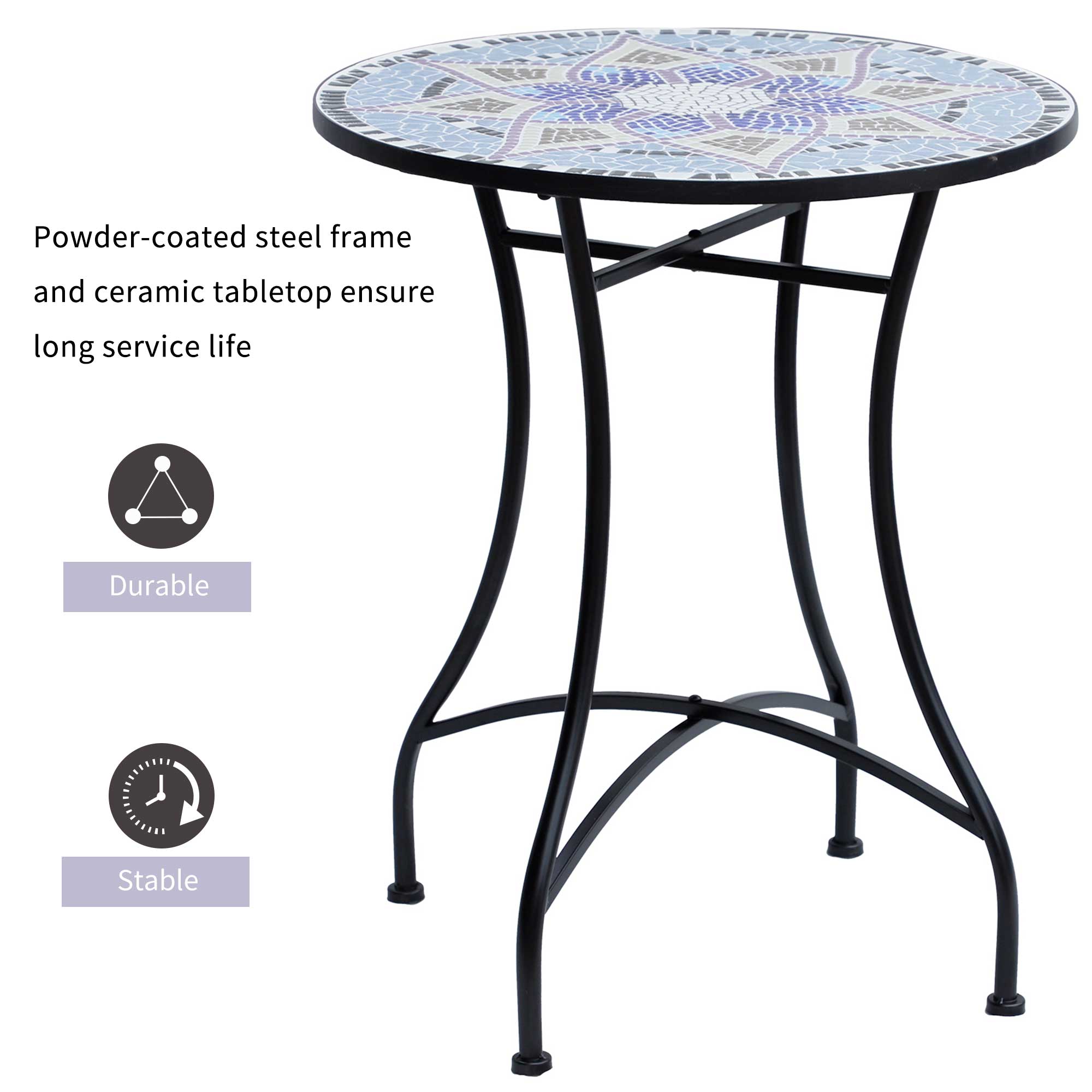 Outsunny Outdoor Mosaic Round Garden Table, Patio Bistro Coffee Side Table with 60cm Ceramic Top for Garden, Blue and White - North Peak Garden Furniture