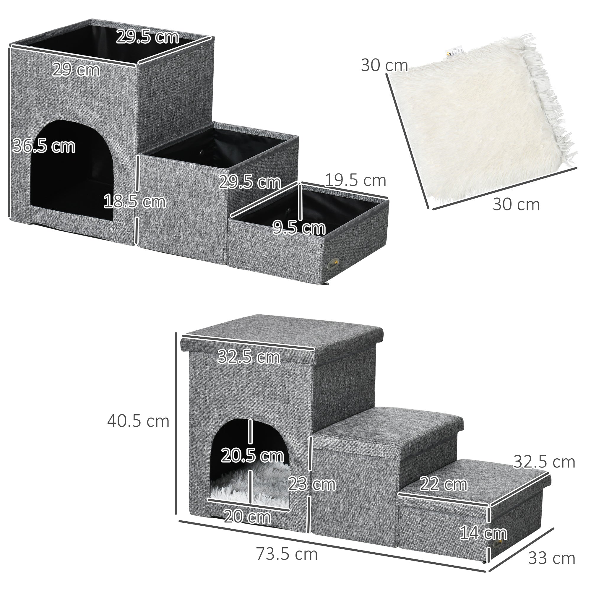 PawHut Dog Steps 3-step Pet Stairs with Kitten House and 2 Storage Boxes, 3 in 1 Dog Ramp for Sofa with Washable Plush Cushion - North Peak Garden Furniture