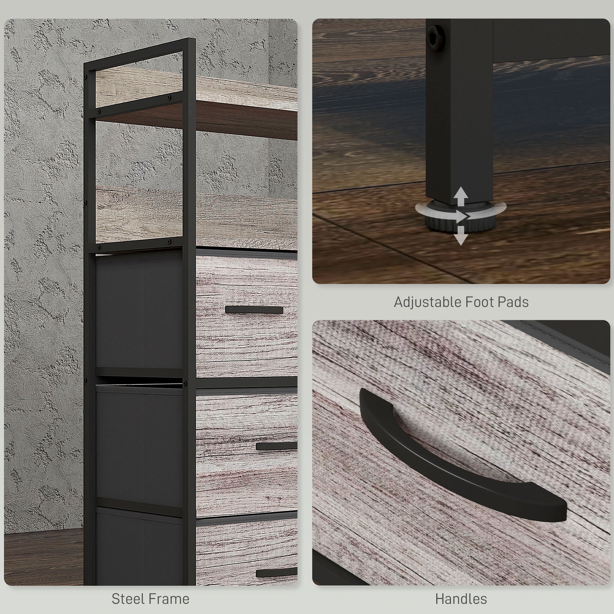 HOMCOM Rustic Chest of Seven Fabric Drawers - Grey Wood Effect - North Peak Garden Furniture