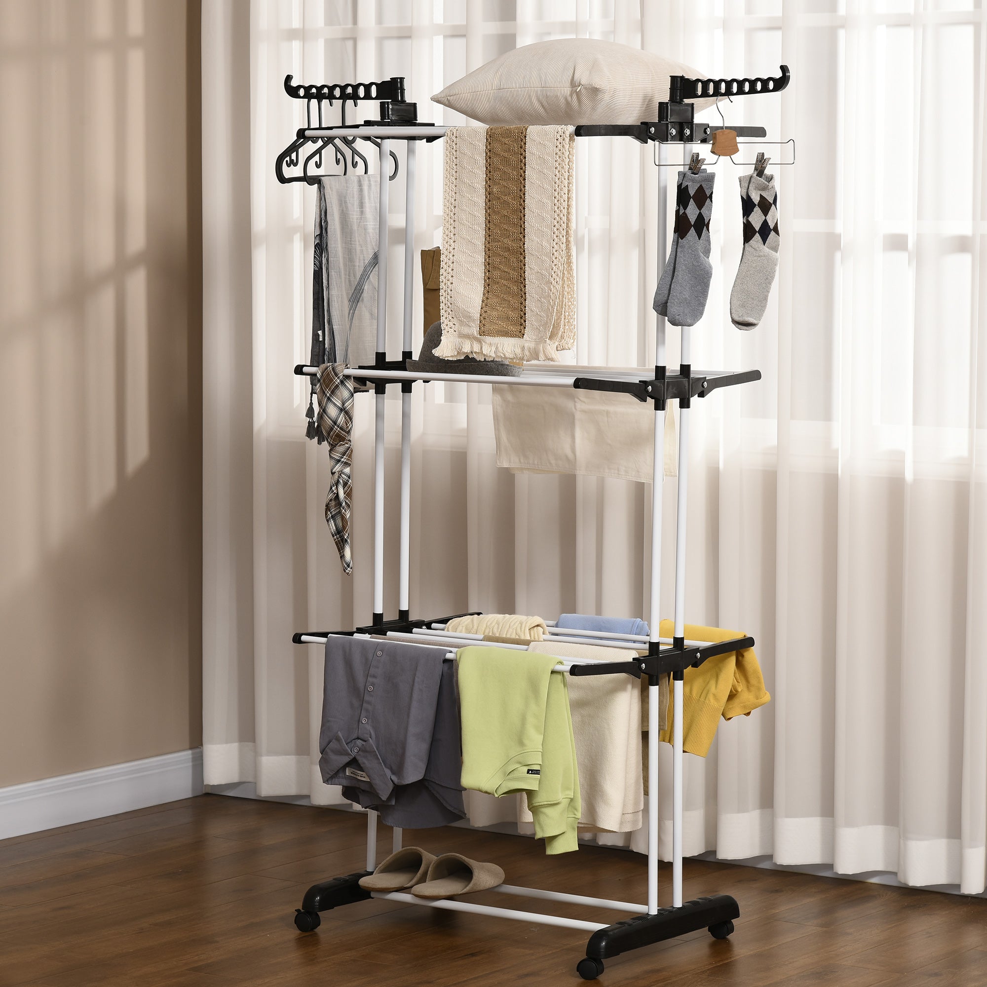 HOMCOM Foldable Clothes Drying Rack, 4-Tier Steel Garment Laundry Rack with Castors for Indoor and Outdoor Use, Black - North Peak Garden Furniture