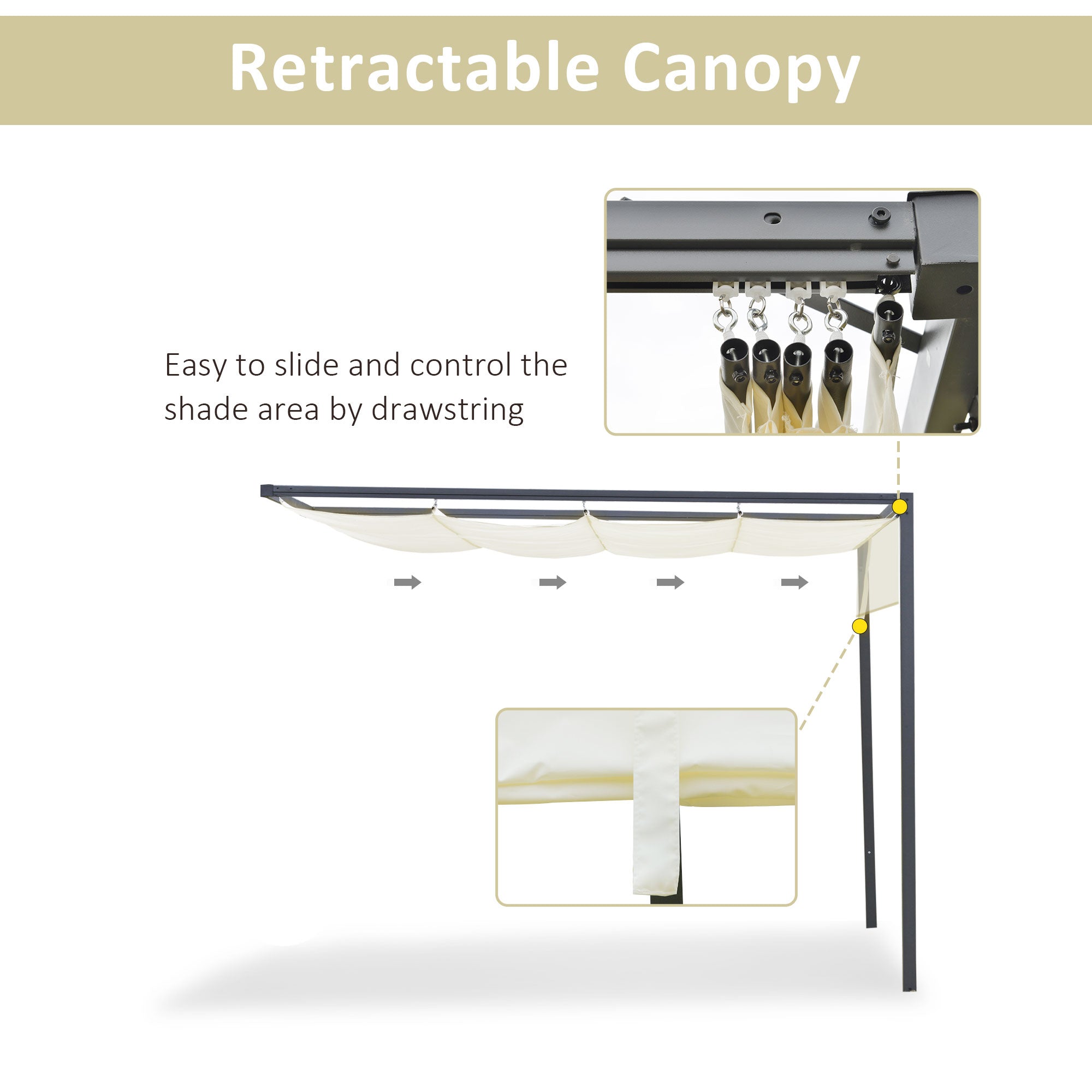 Outsunny 3 x 3(m) Outdoor Pergola Retractable Canopy Wall Mounted Gazebo Patio Shelter Sun Shade, Cream White - North Peak Garden Furniture