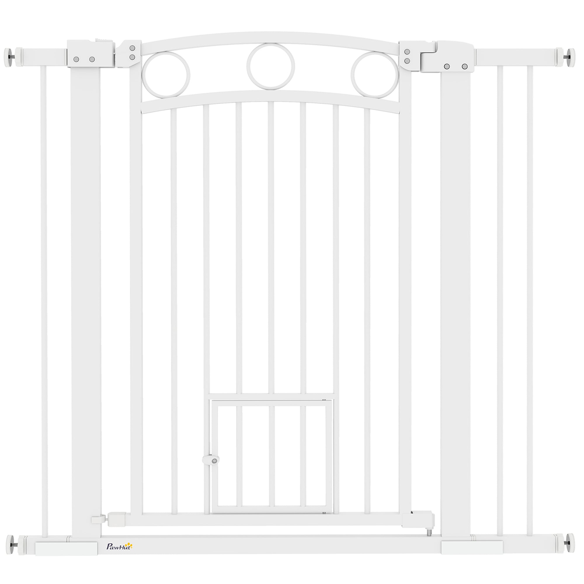 PawHut 96cm Tall Dog Gate with Cat Door, 7cm and 14cm Extensions, for Stairs, Doorways, 76-104cm Width - North Peak Garden Furniture