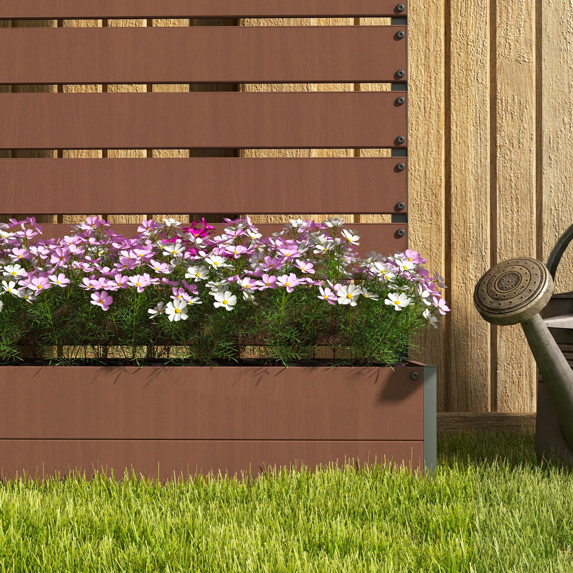 Outsunny Raised Bed for Garden, Planter with Trellis for Climbing Plants, Vines, Planter Box with Drainage Gap, Light Brown - North Peak Garden Furniture
