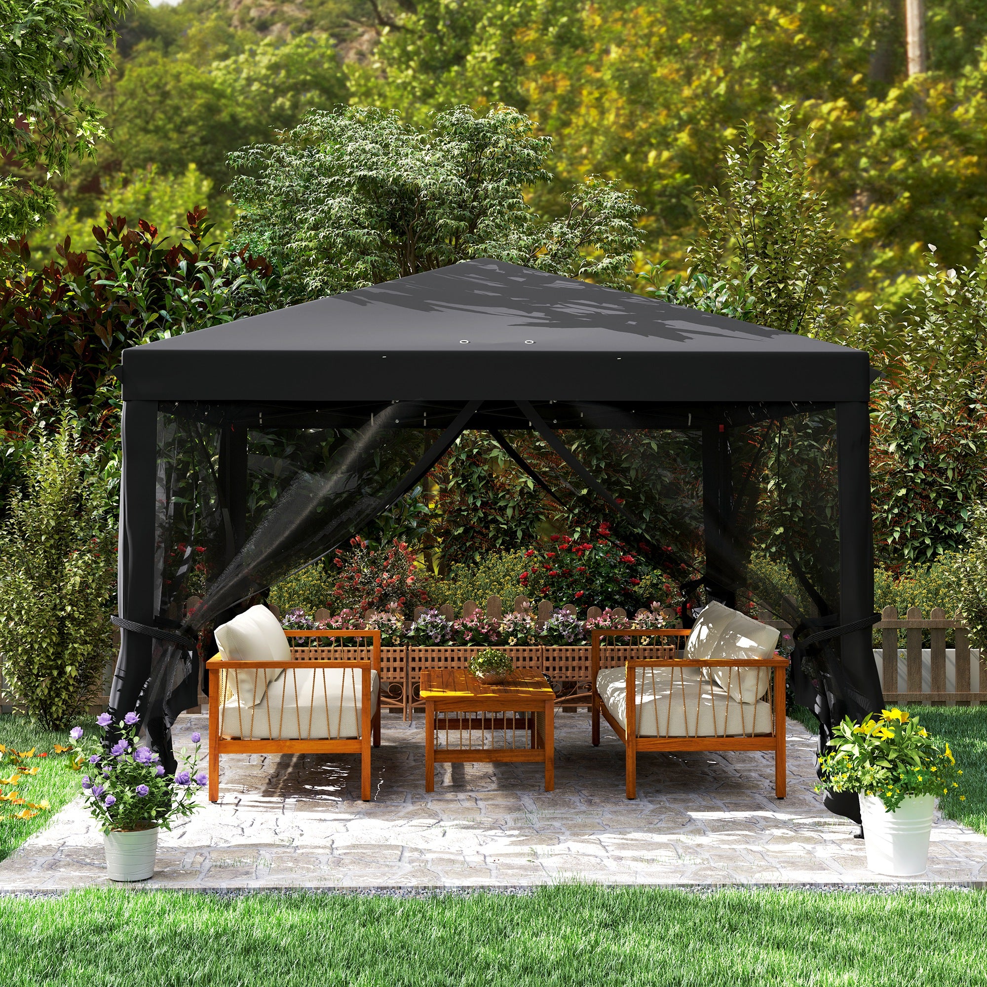 Outsunny 3 x 3 m Pop Up Gazebo, 420D Garden Tent Canopy with Removable Mesh Sidewall Netting, Carry Bag for Garden Patio Outdoor, Black - North Peak Garden Furniture
