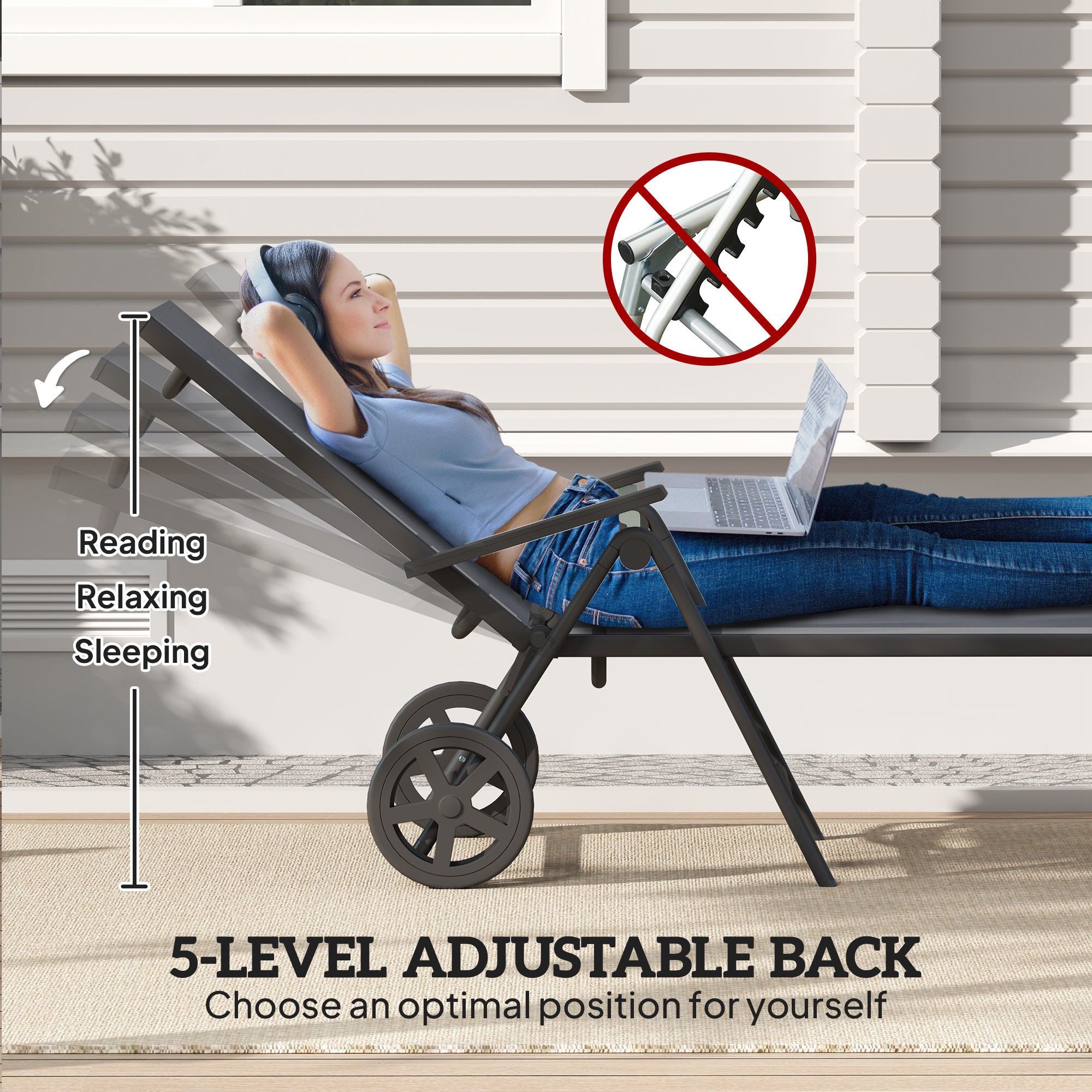 Outsunny Folding Sun Lounger with Wheels, 5-Position Adjustable Garden Chaise Lounge Sunbed with Armrests, Metal Frame Outdoor Portable Reclining Chair for Beach, Porch, Grey - North Peak Garden Furniture