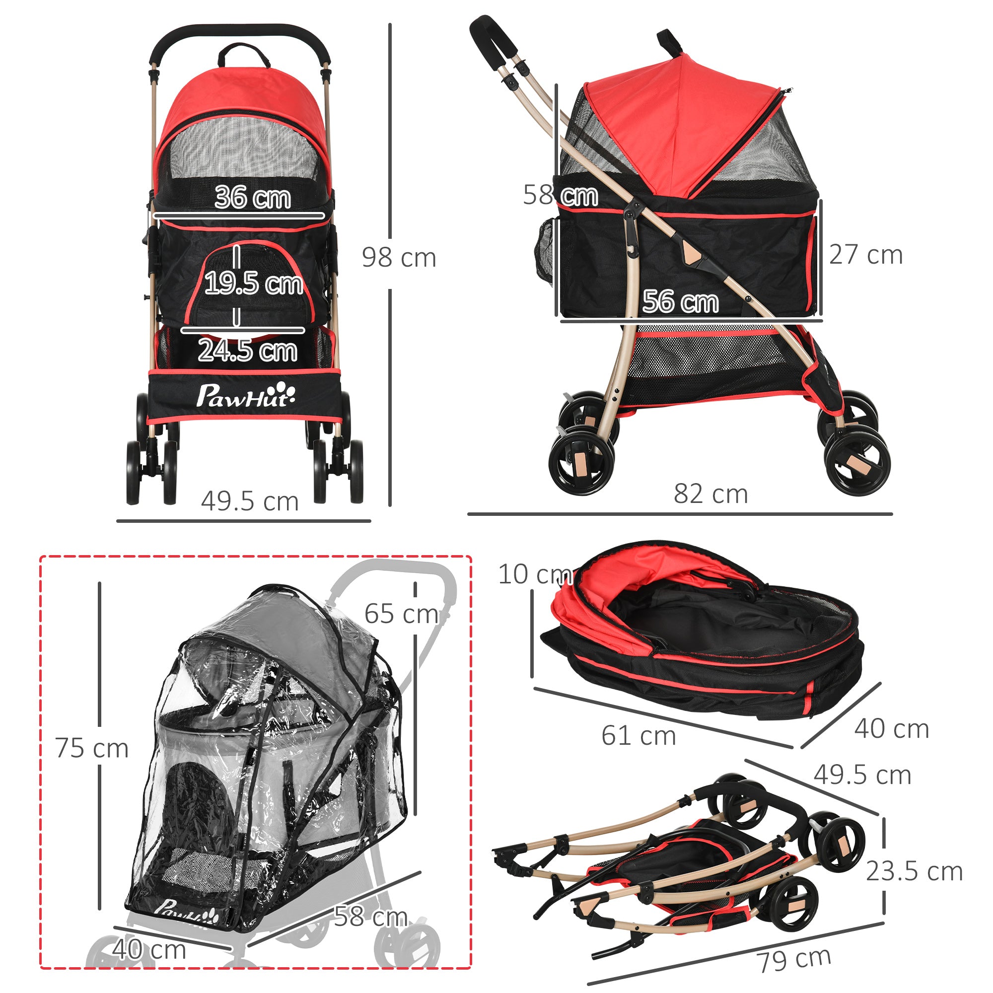 PawHut Detachable Pet Stroller with Rain Cover, 3 In 1 Cat Dog Pushchair, Foldable Carrying Bag w/ Universal Wheels, Brake, Canopy, Basket, Storage Bag for Small and Tiny Dogs - Red - North Peak Garden Furniture