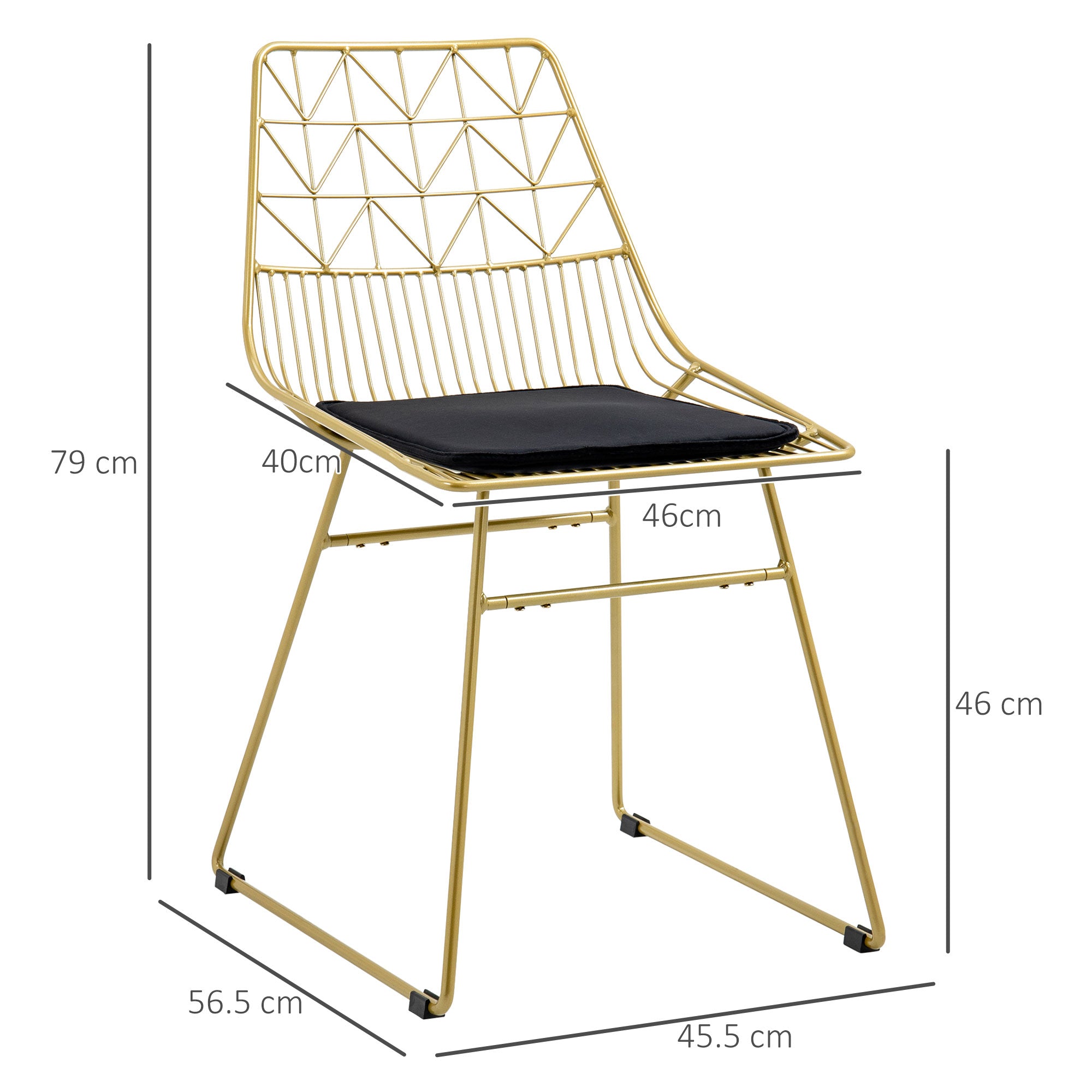 HOMCOM Luxurious Dining Chairs Set of 2, Metal Wire Kitchen Chair with Removable Velvet-feel Cushion, Cut-out Back and Steel Frame for Dining Room, Gold Tone