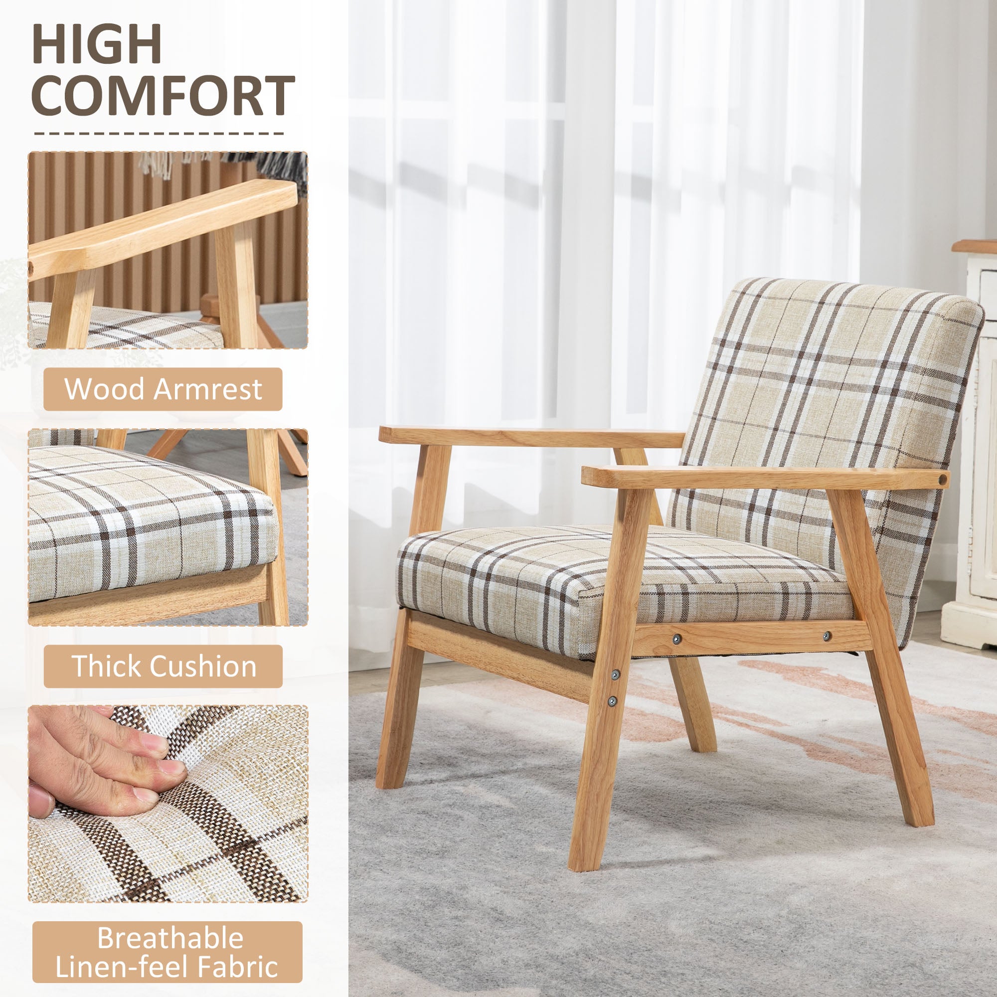 HOMCOM Modern One Seater Sofa for Living Room, Linen Fabric Small Couch with Rubber Wood Frame, Armrests, Lattice Pattern, Upholstered Armchair, Beige - North Peak Garden Furniture