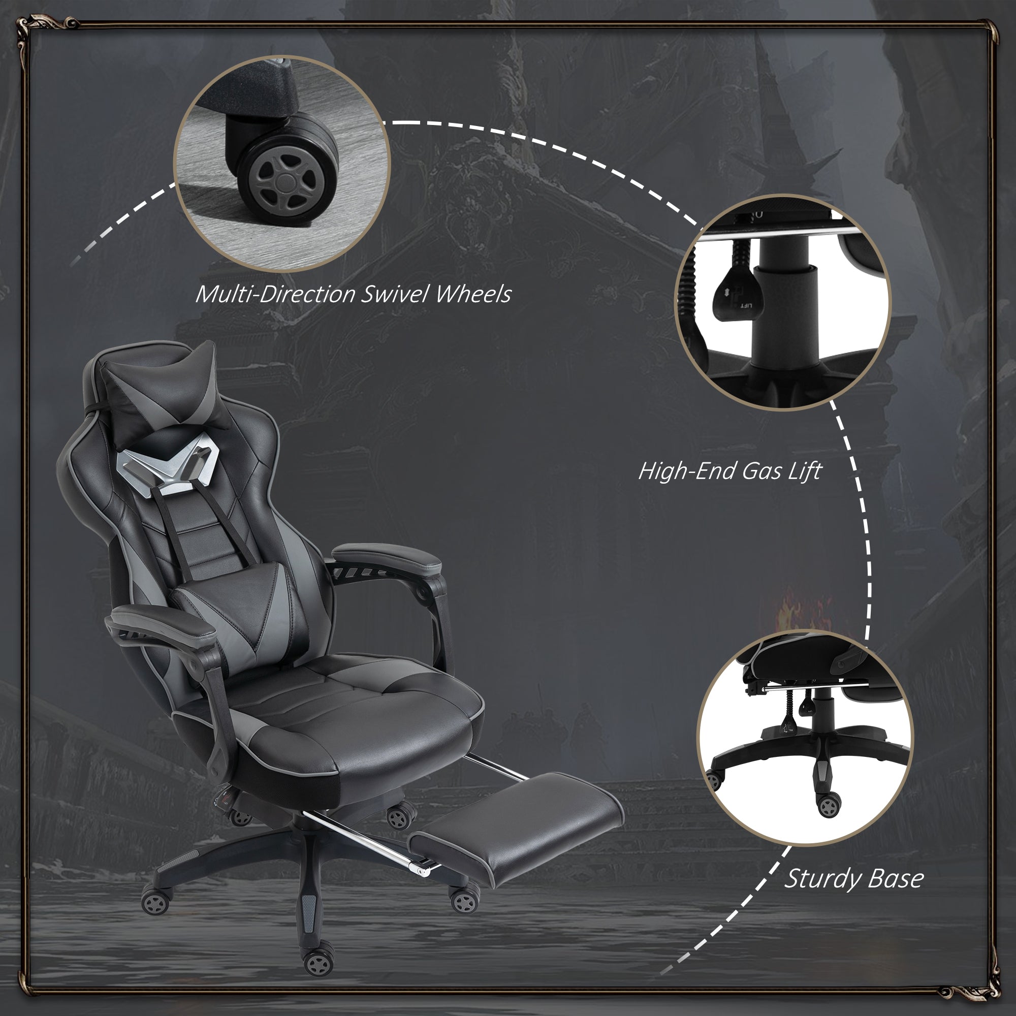 Vinsetto Computer Gaming Chair, Racing Desk Chair with Lumbar Support and Footrest, PU Leather Gamer Chair with Headrest and Swivel Wheels for Home, Grey - North Peak Garden Furniture
