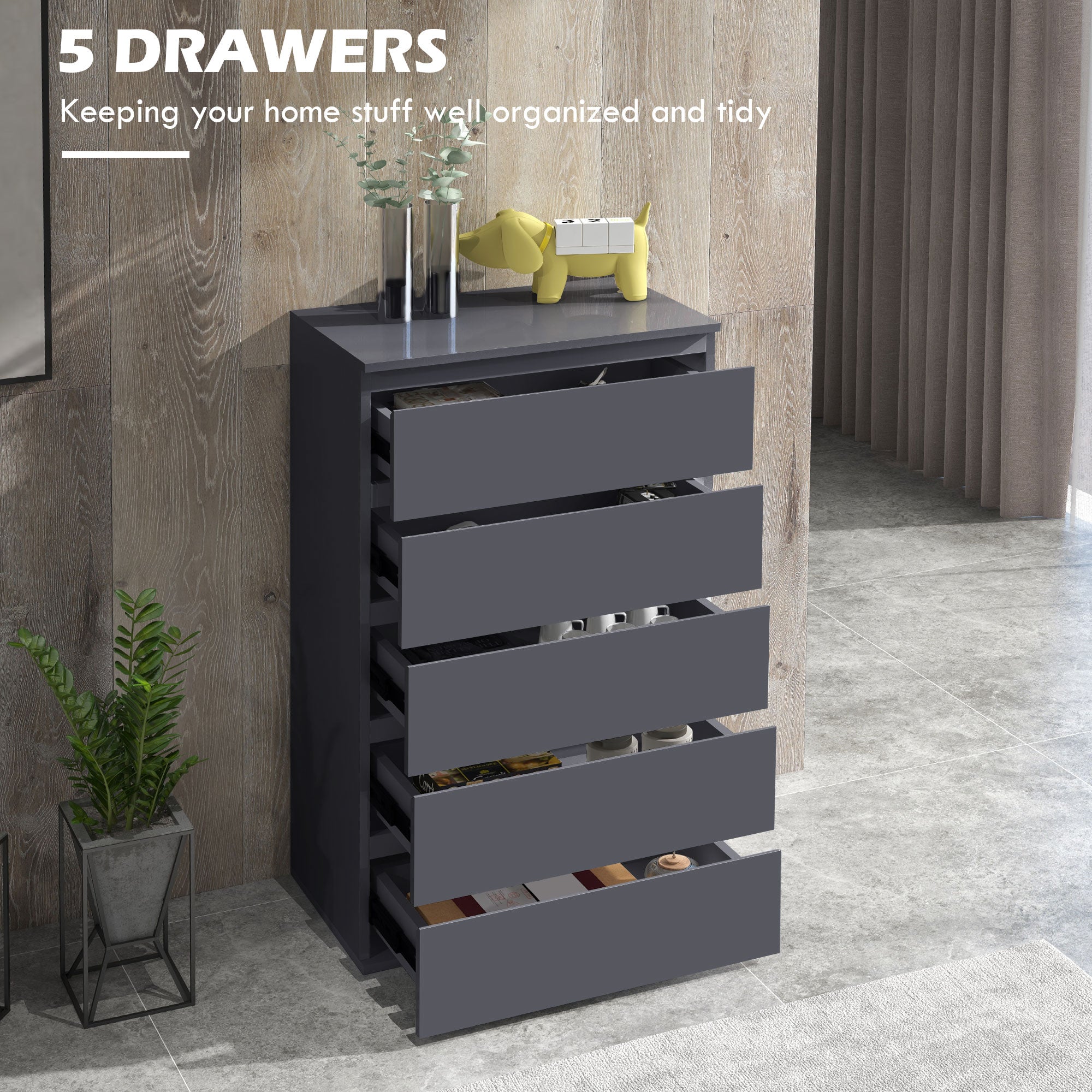 HOMCOM High Gloss Chest of Drawers, 5-Drawer Storage Cabinets, Modern Dresser, Storage Drawer Unit for Bedroom - North Peak Garden Furniture