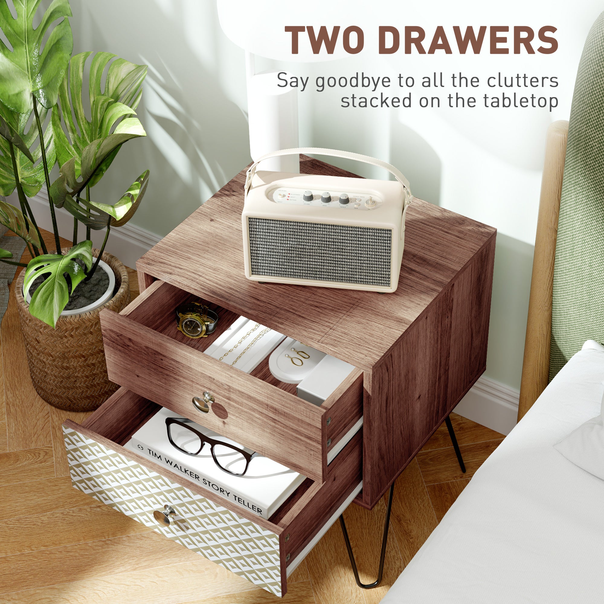 HOMCOM Nightstand, 2-Drawer Bedside Table, Bedside Cabinet, Sofa End Side Table for Living Room, Bedroom, Rustic Brown - North Peak Garden Furniture