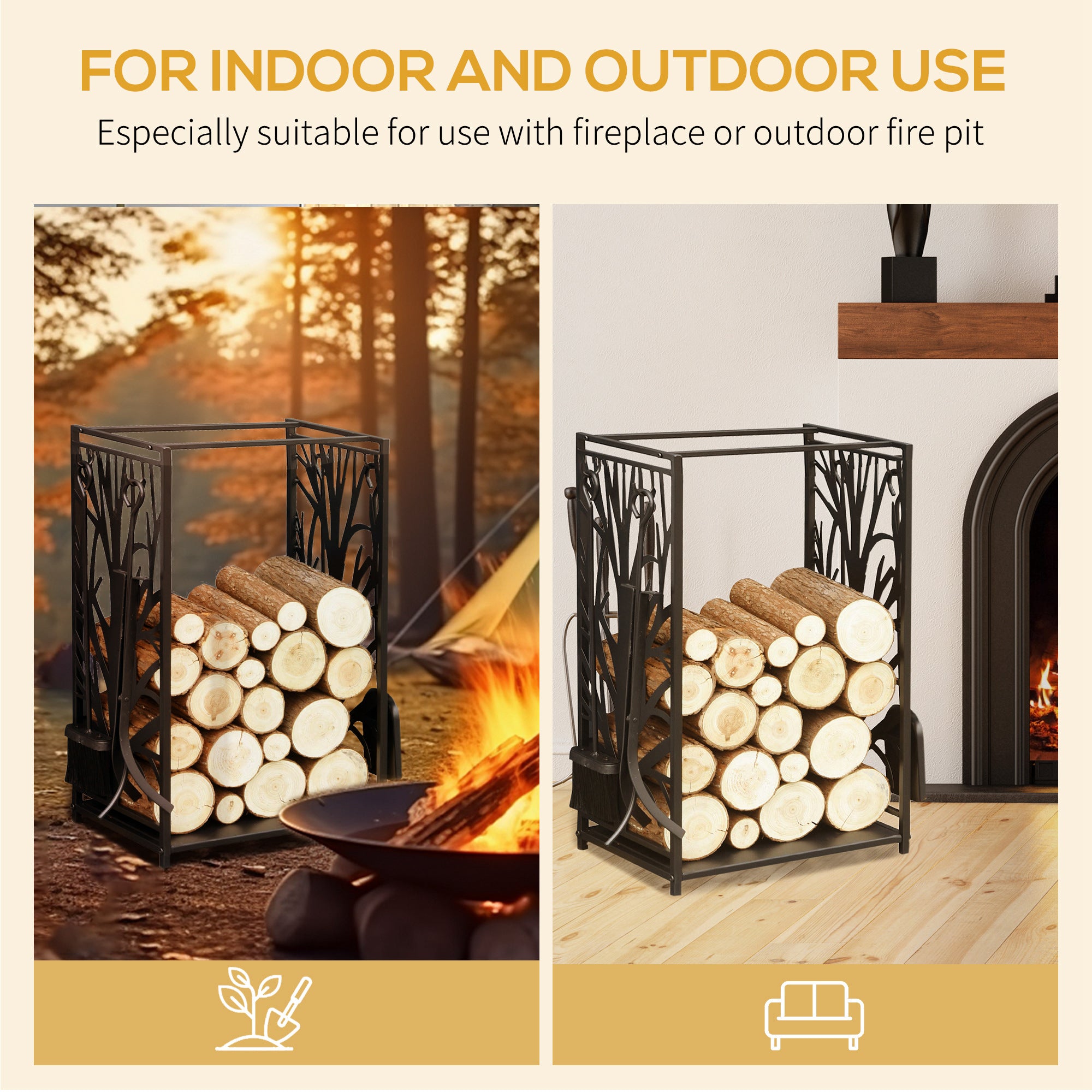 HOMCOM Steel Firewood Log Holder Indoor Outdoor Firewood Rack Fireplace Wood Storage Shelf with 4 Tools, Hooks, Tree Pattern Design, Rust-Resistant, Black, 46W x 30D x 70H cm - North Peak Garden Furniture