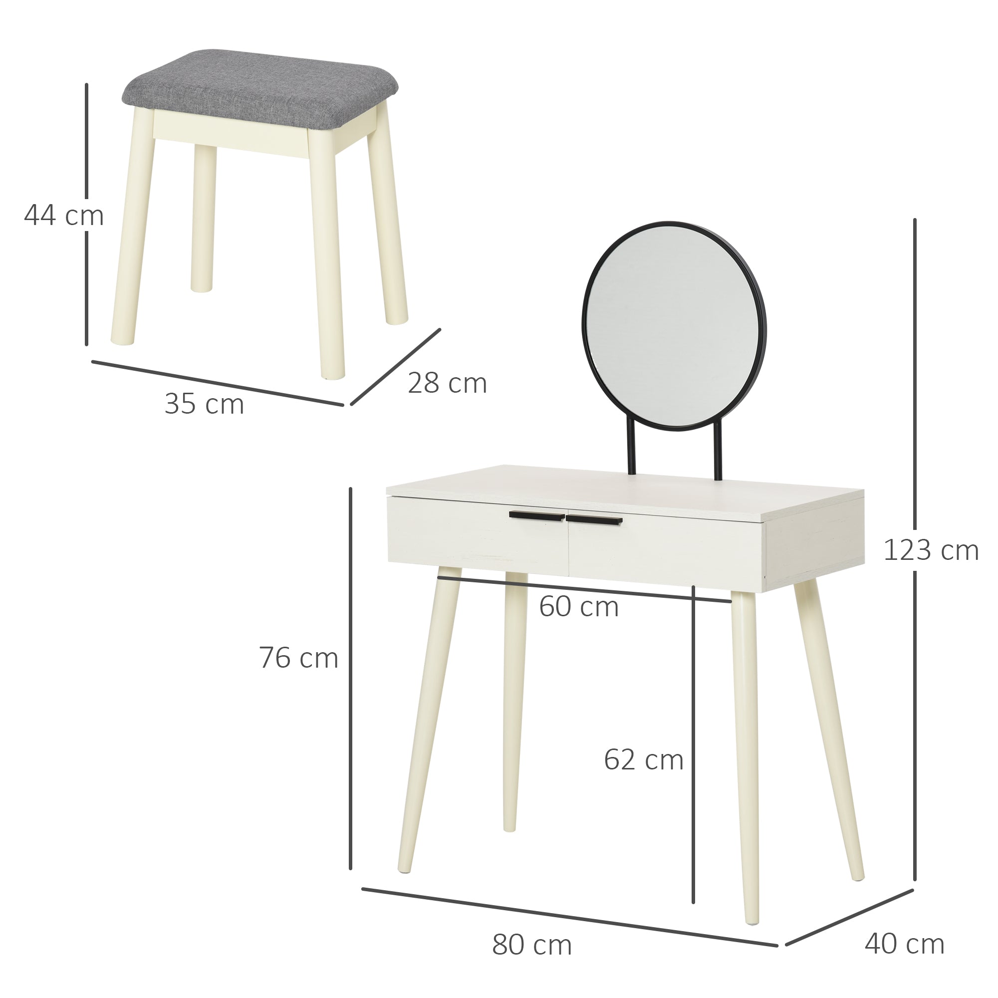 HOMCOM Dressing Table with Mirror and Stool, Vanity Makeup Desk Set with 2 Drawers, Cushioned Stool and Make-up Organizer for Bedroom and Dressing Room, White - North Peak Garden Furniture