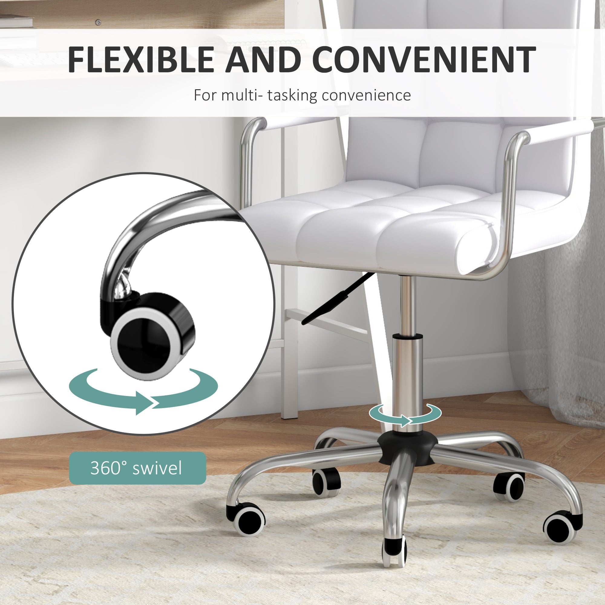 HOMCOM Home Office Chair and Computer Desk Set, Faux Leather Desk Chair with Swivel Wheels, Study Desk with Storage Shelf, White - North Peak Garden Furniture
