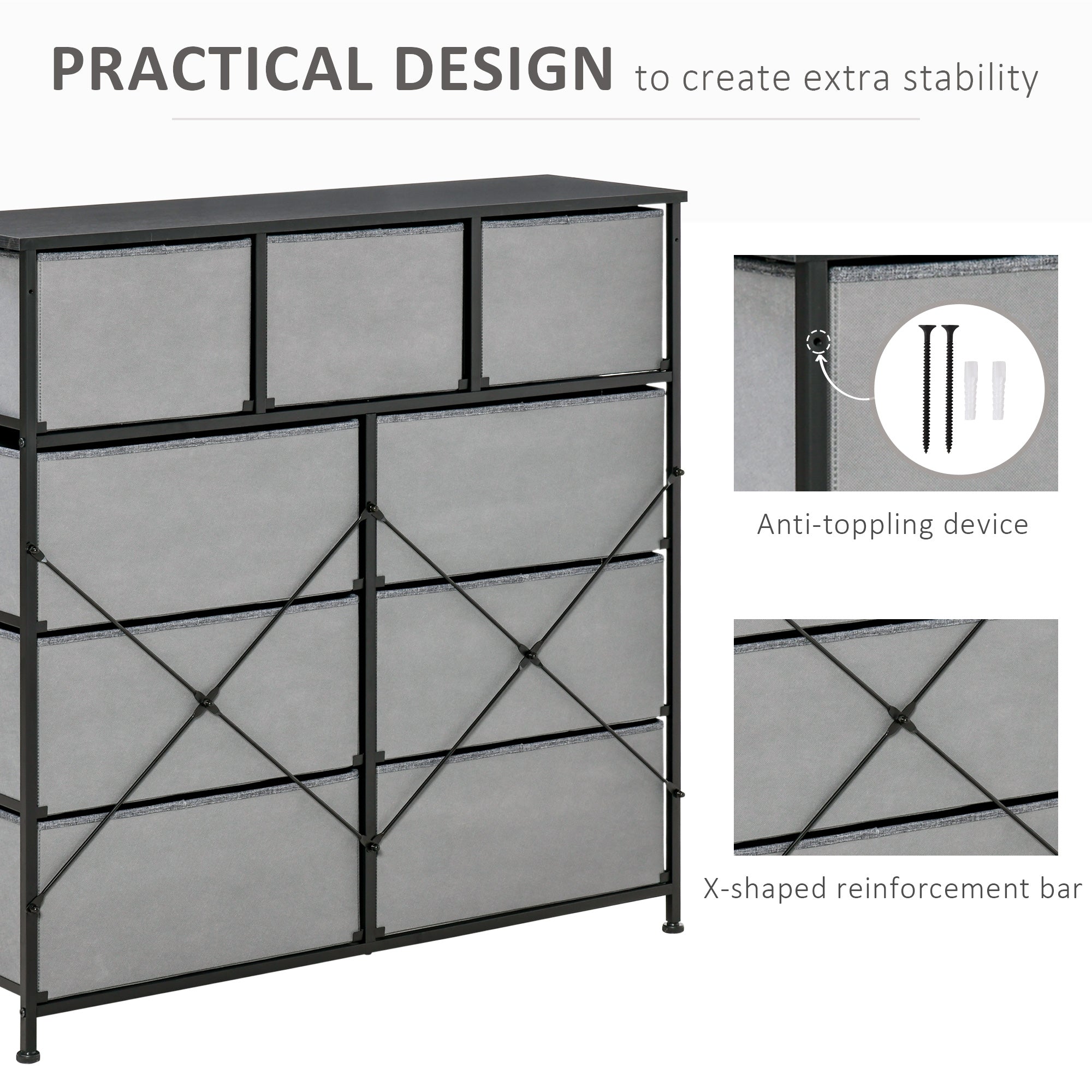 HOMCOM 9 Drawers Storage Chest Dresser Organizer Unit , Easy Pull Fabric Bins, for Bedroom, Hallway, Entryway, Black & Grey - North Peak Garden Furniture